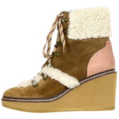 See By Chloe Tan Eileen Shearling-Lined Wedge Hiker Booties sz 39 rt $420