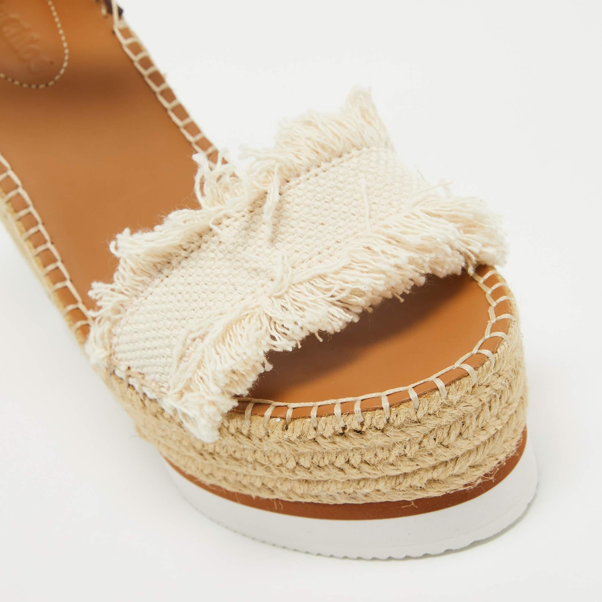 See By Chloe White/Brown Canvas and Leather Espadrille Wedge Sandals Size 36 1