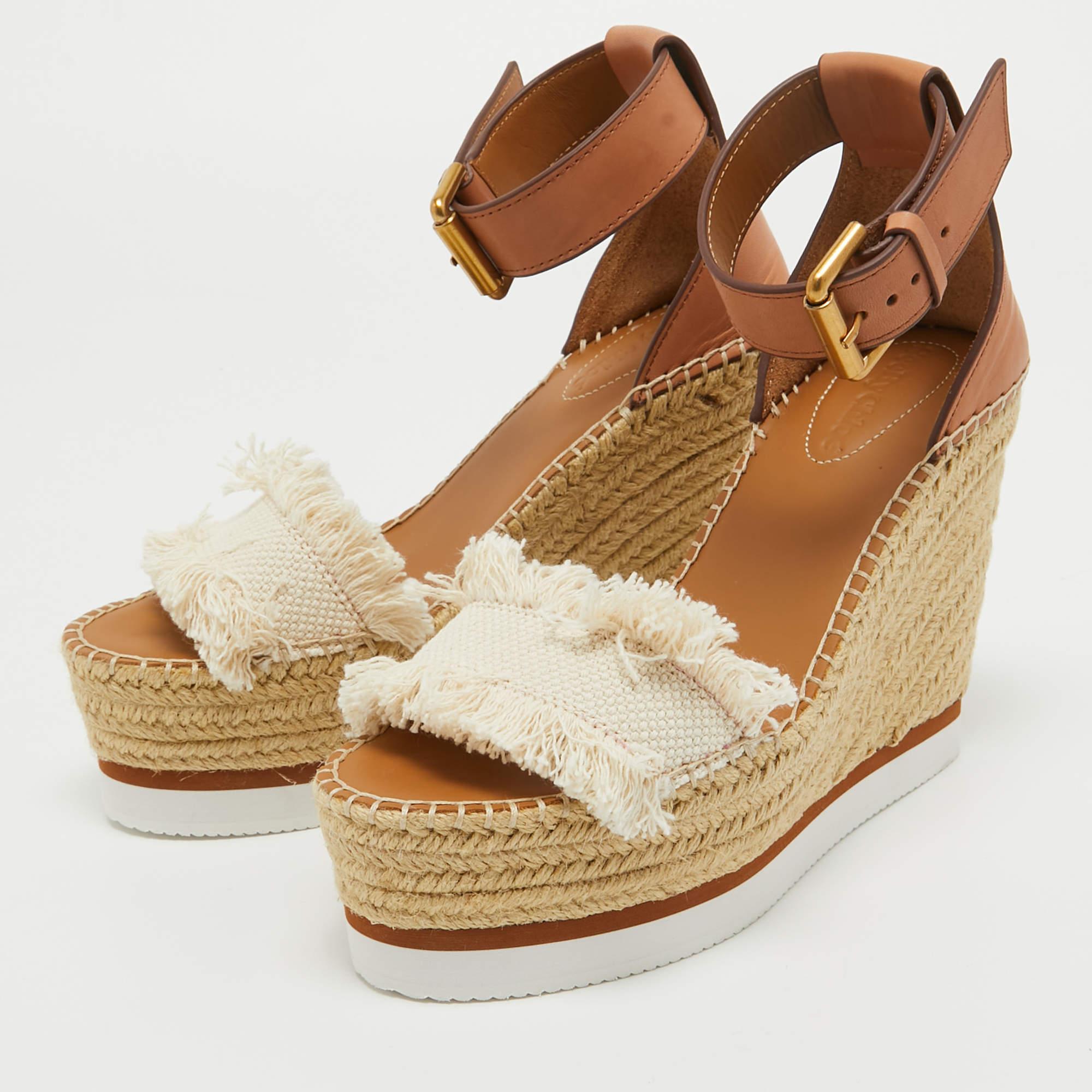 See By Chloe White/Brown Canvas and Leather Espadrille Wedge Sandals Size 36 3