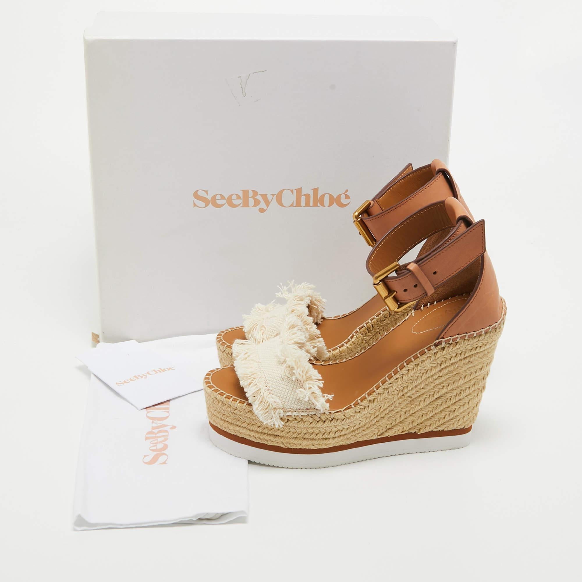 See By Chloe White/Brown Canvas and Leather Espadrille Wedge Sandals Size 36 4