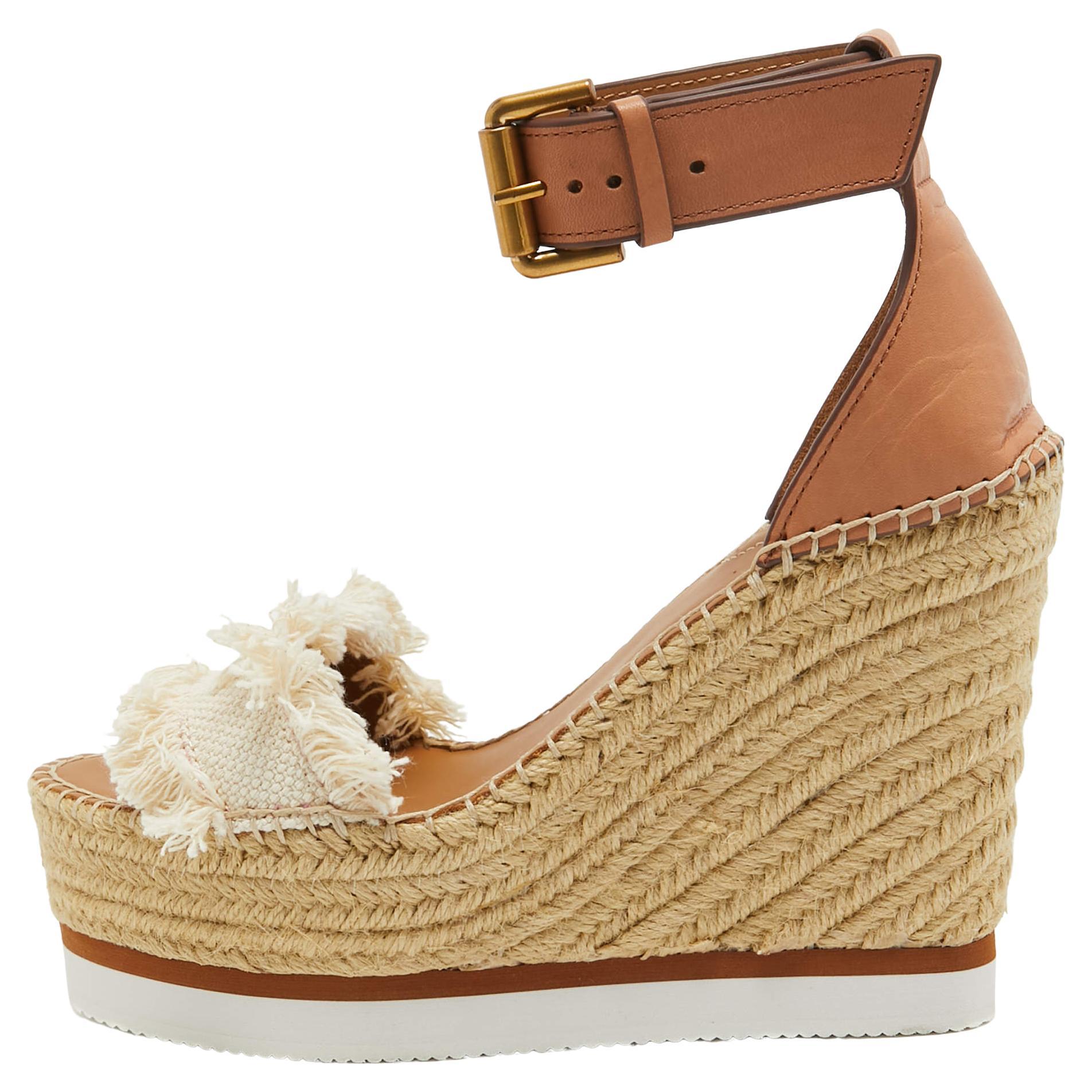 See By Chloe White/Brown Canvas and Leather Espadrille Wedge Sandals Size 36