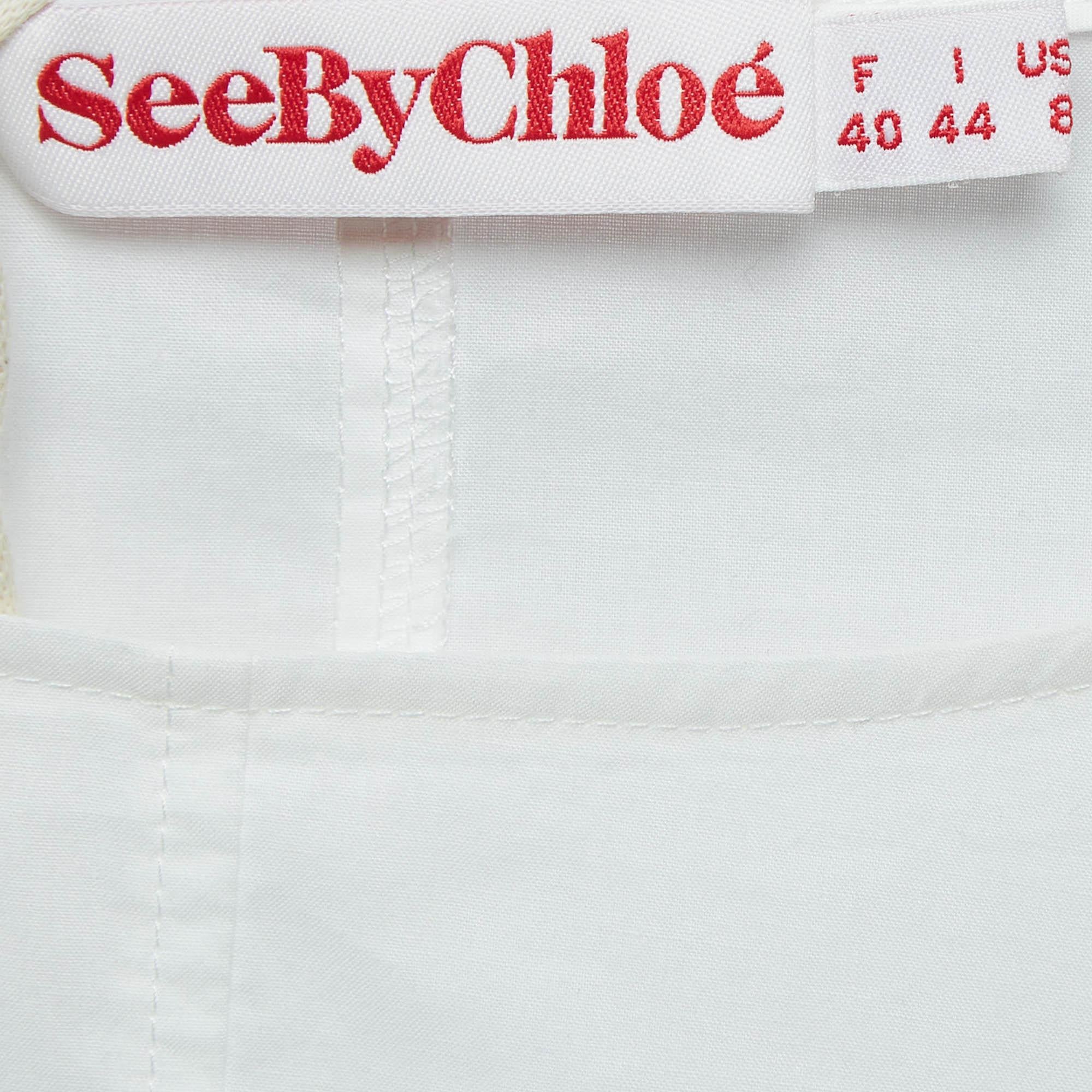 See by Chloé White Floral Embroidered Cotton and Nylon Sheer Short Dress M In Good Condition For Sale In Dubai, Al Qouz 2