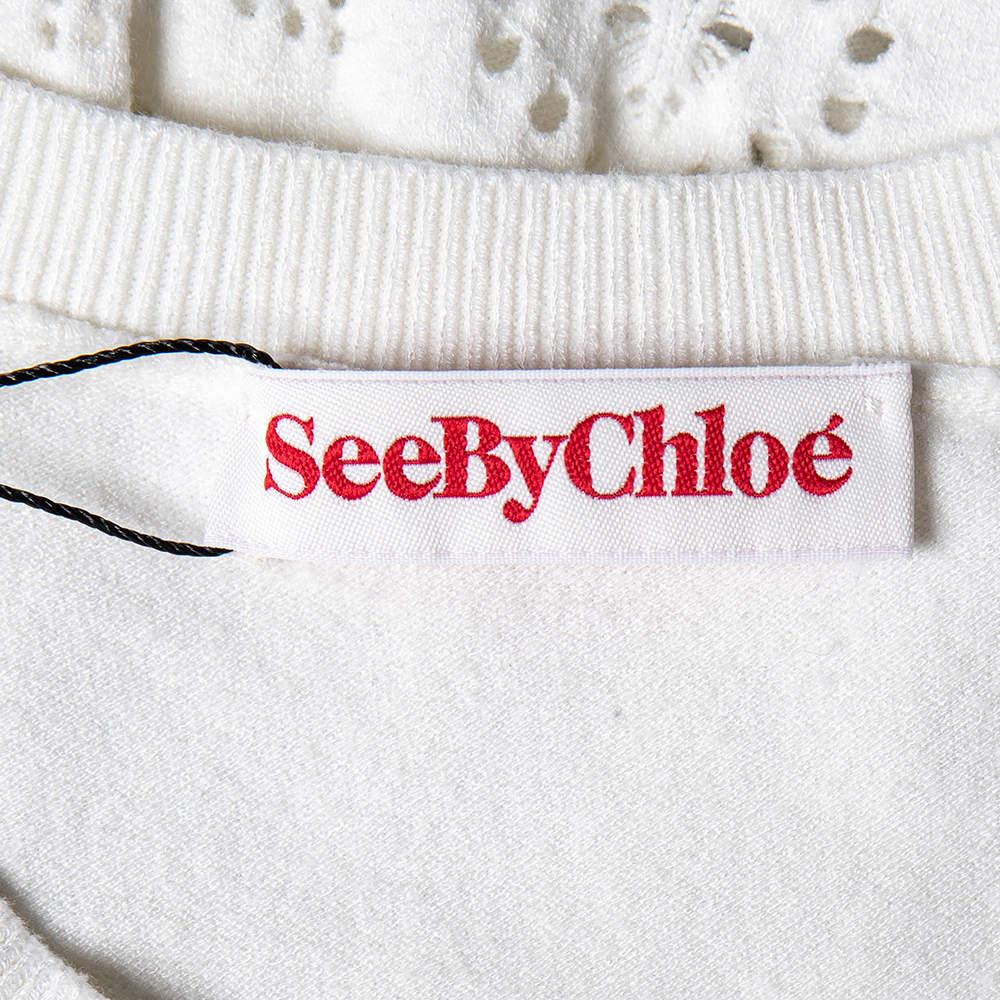 Women's See by Chloe White Perforated Knit Flared Dress L