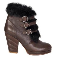 SEE byCHLOE dark brown leather FUR TRIM Ankle Boots Shoes 37.5