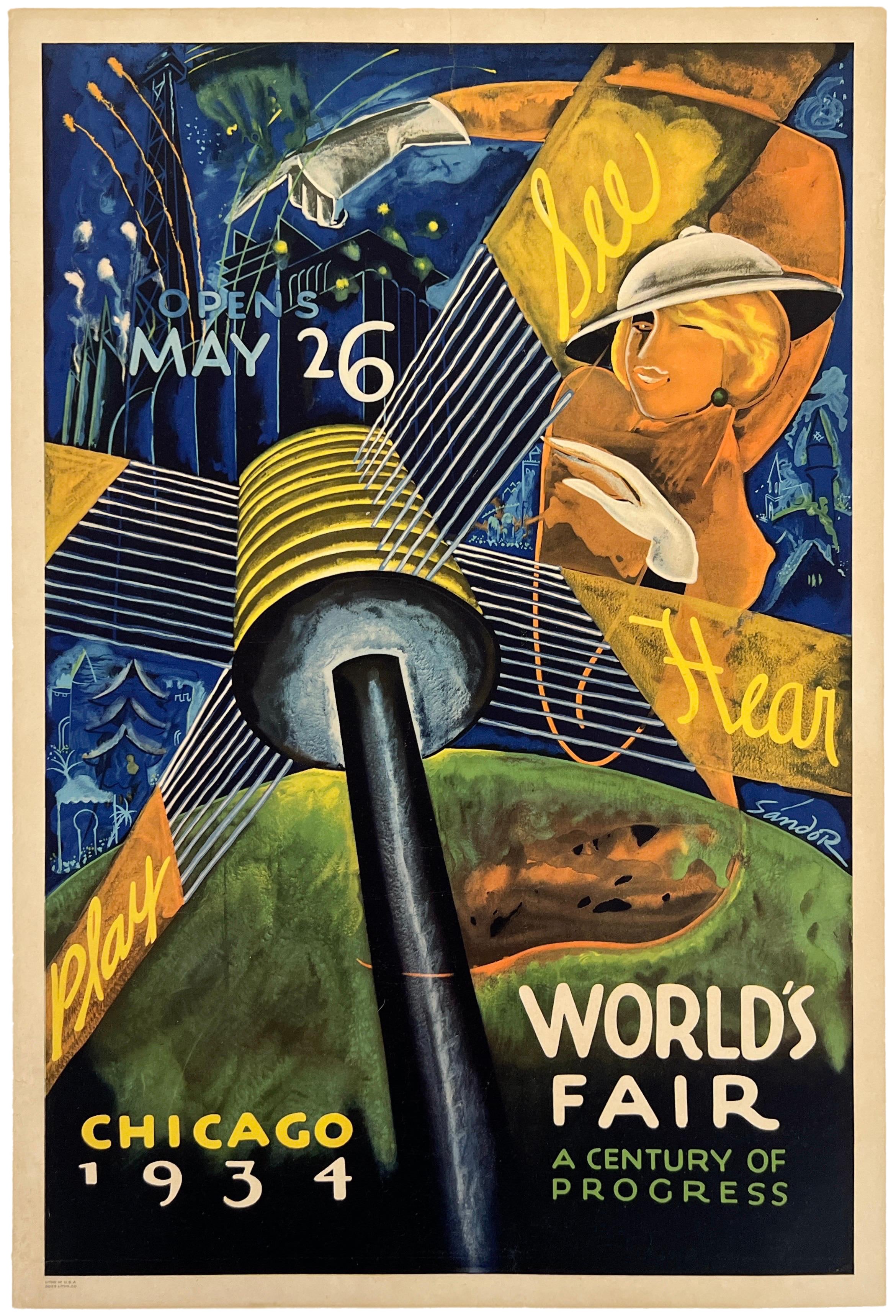 SEE HEAR PLAY WORLD'S FAIR CENTURY OF PROGRESS Original Vintage Poster 13" x 20"