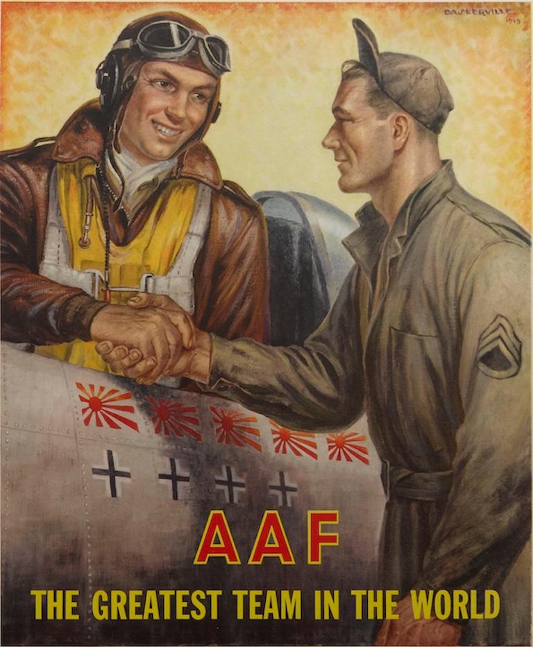 This 1945 color poster features an American pilot and a ground crew Staff Sergeant shaking hands and the words “Seeing the Job Through! Enlist in the Regular Army Air Forces” at the bottom. Just below the airplane reads, “AAF The Greatest Team in