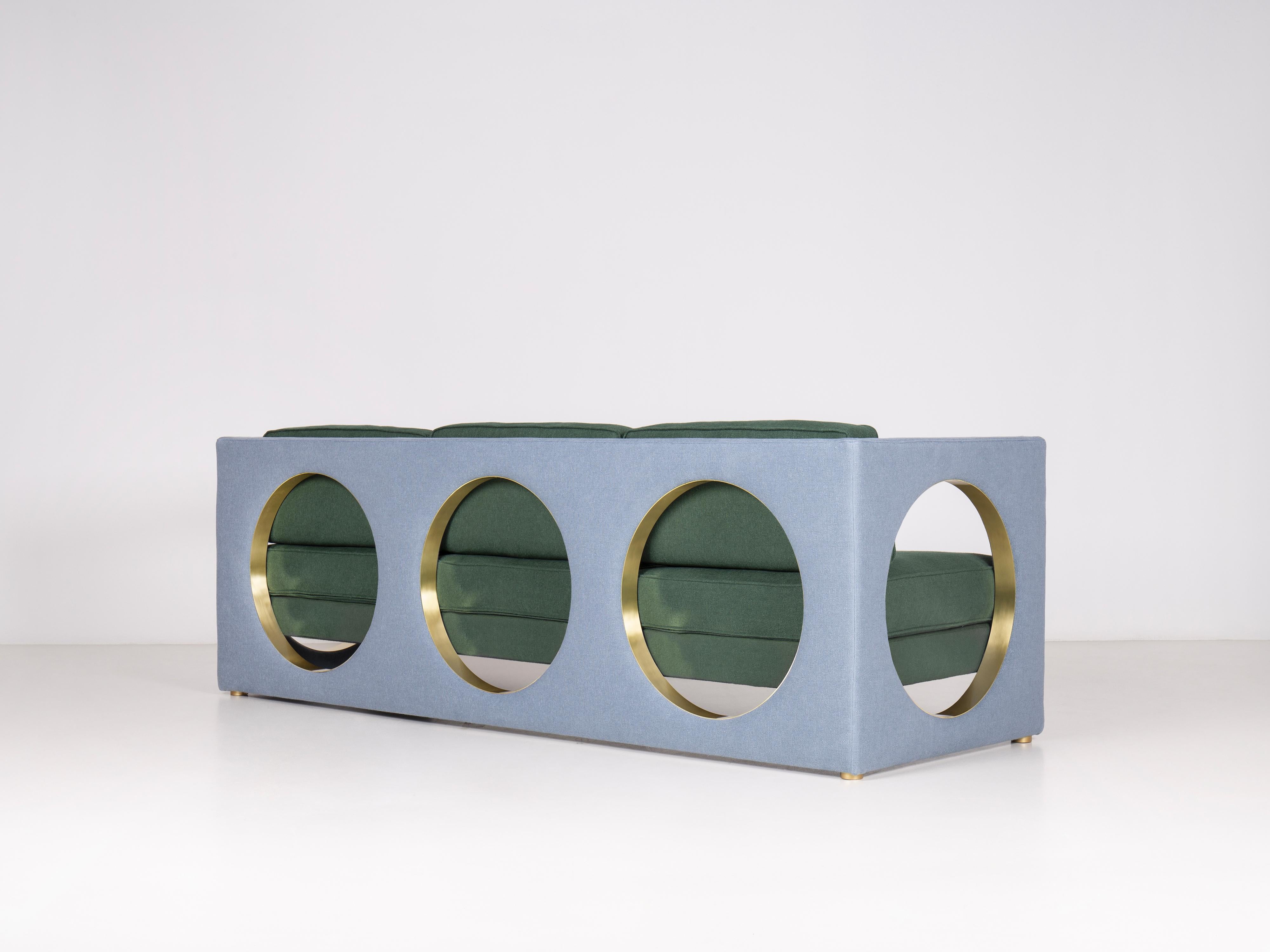 Materials: multilayer and solid fir wood structure, polyurethane foam. Available finishes: satin brass bands, varnished metal feet / brushed steel bands, aluminum feet. Upholstery in Métaphores Cyclades (90% linen, 10% polyamid) - different colours