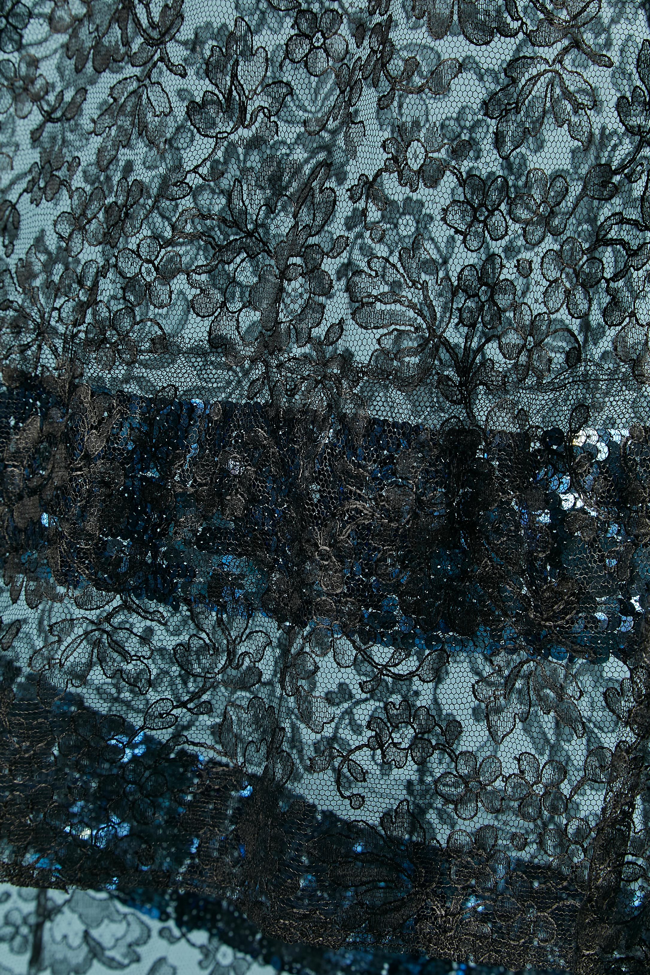 See-through black lace evening dress with blue sequin embellishement Circa 1930' In Excellent Condition For Sale In Saint-Ouen-Sur-Seine, FR