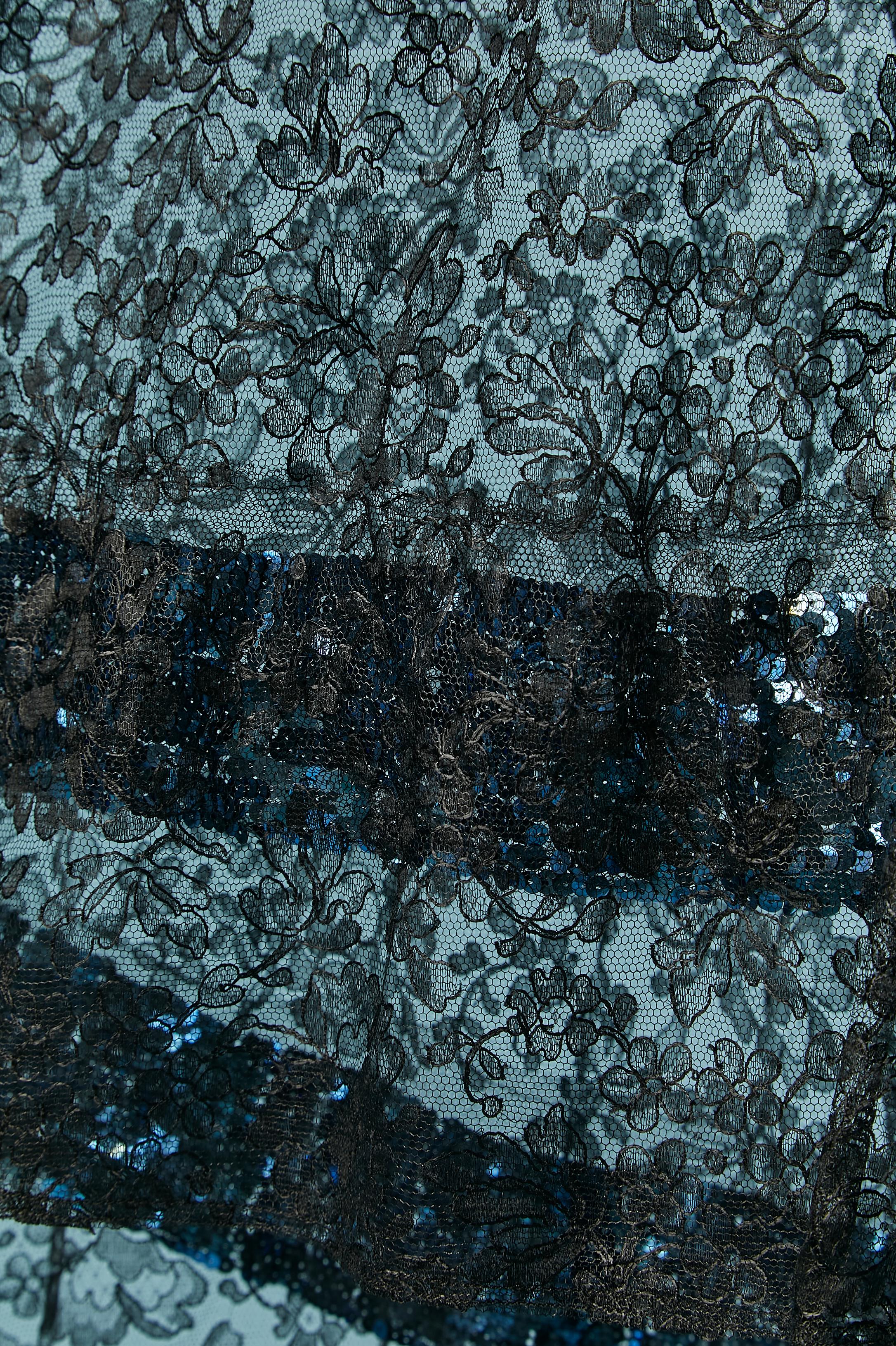 Black See-through black lace evening dress with blue sequin embellishement Circa 1930' For Sale