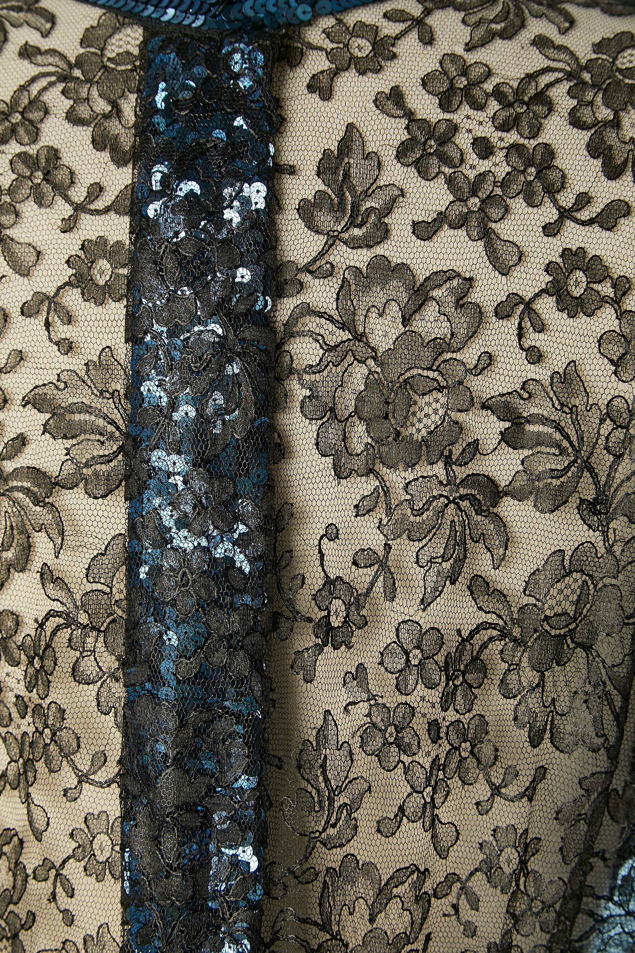 See-through black lace evening dress with blue sequin embellishement Circa 1930' For Sale 4