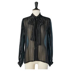 Vintage See-through black shirt with bow-tie and lurex stripes Saint Laurent Rive Gauche
