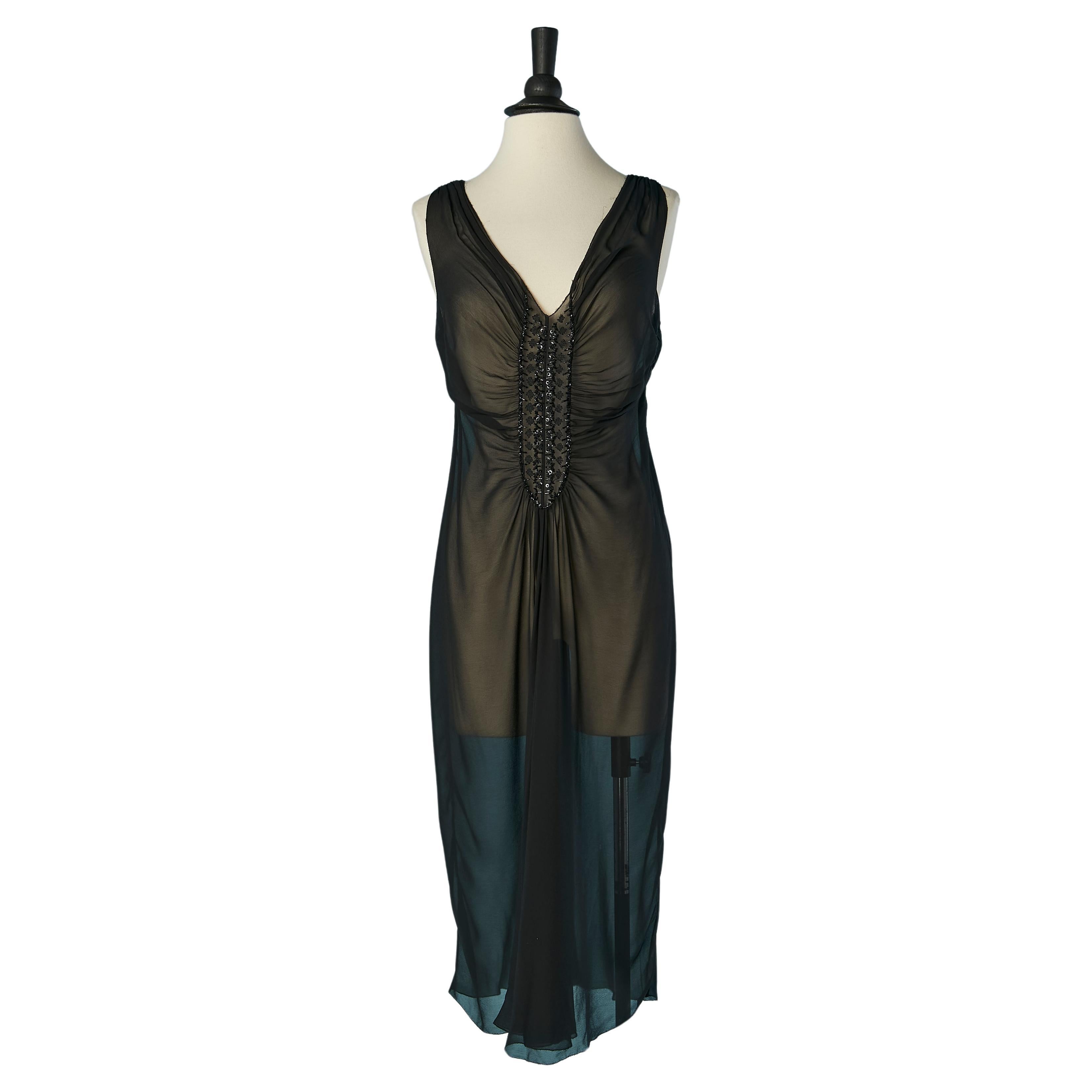 Vestido de noche transparente de gasa de seda negra con pedrería Alberta Ferretti en venta