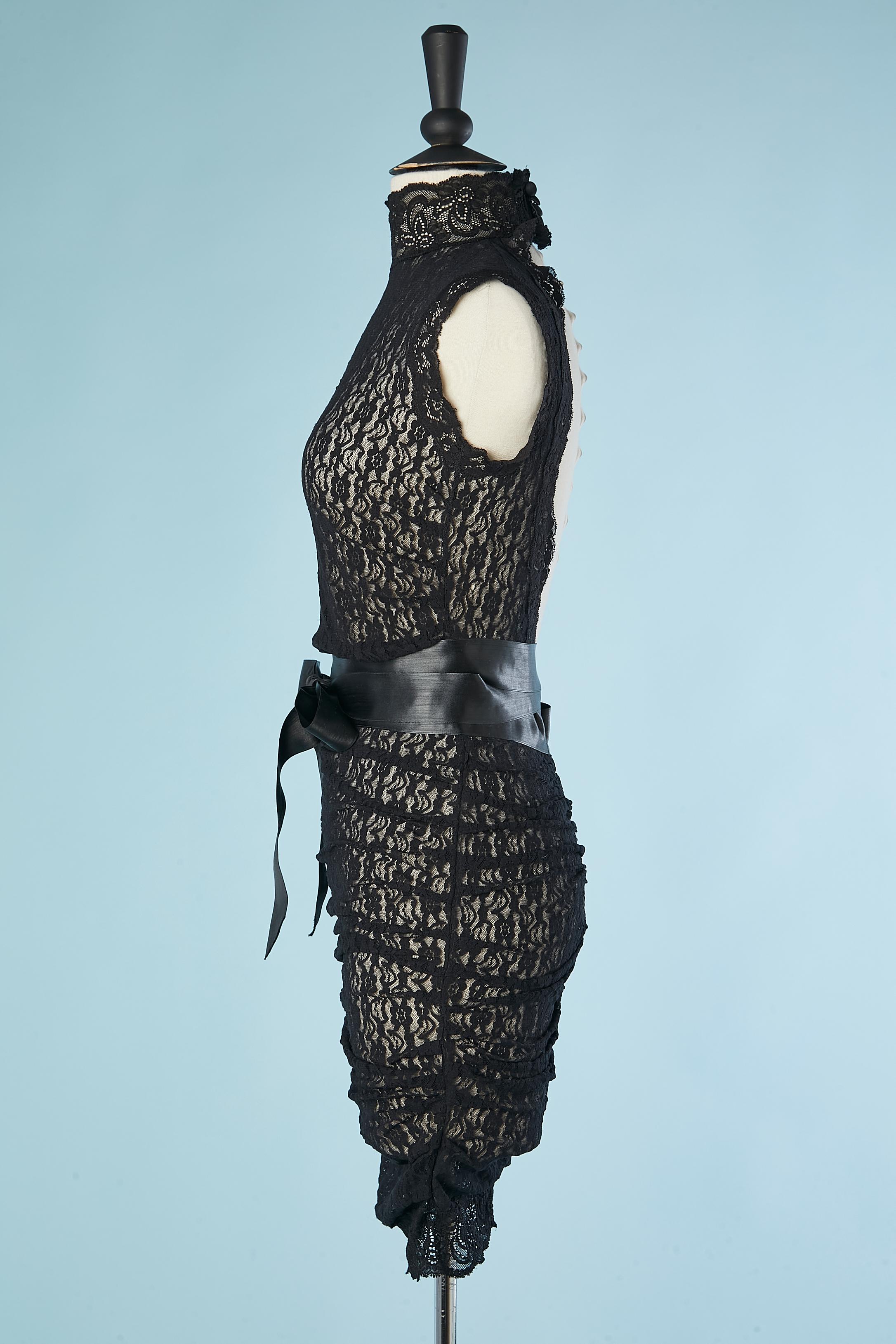 Women's See-through black stretch lace dress with satin ribbon belt Dolce & Gabbana 