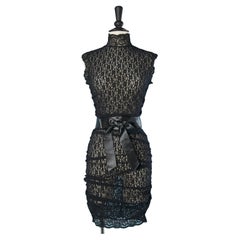 See-through black stretch lace dress with satin ribbon belt Dolce & Gabbana 