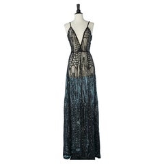 See-through black tulle evening dress with black sequins embroideries 