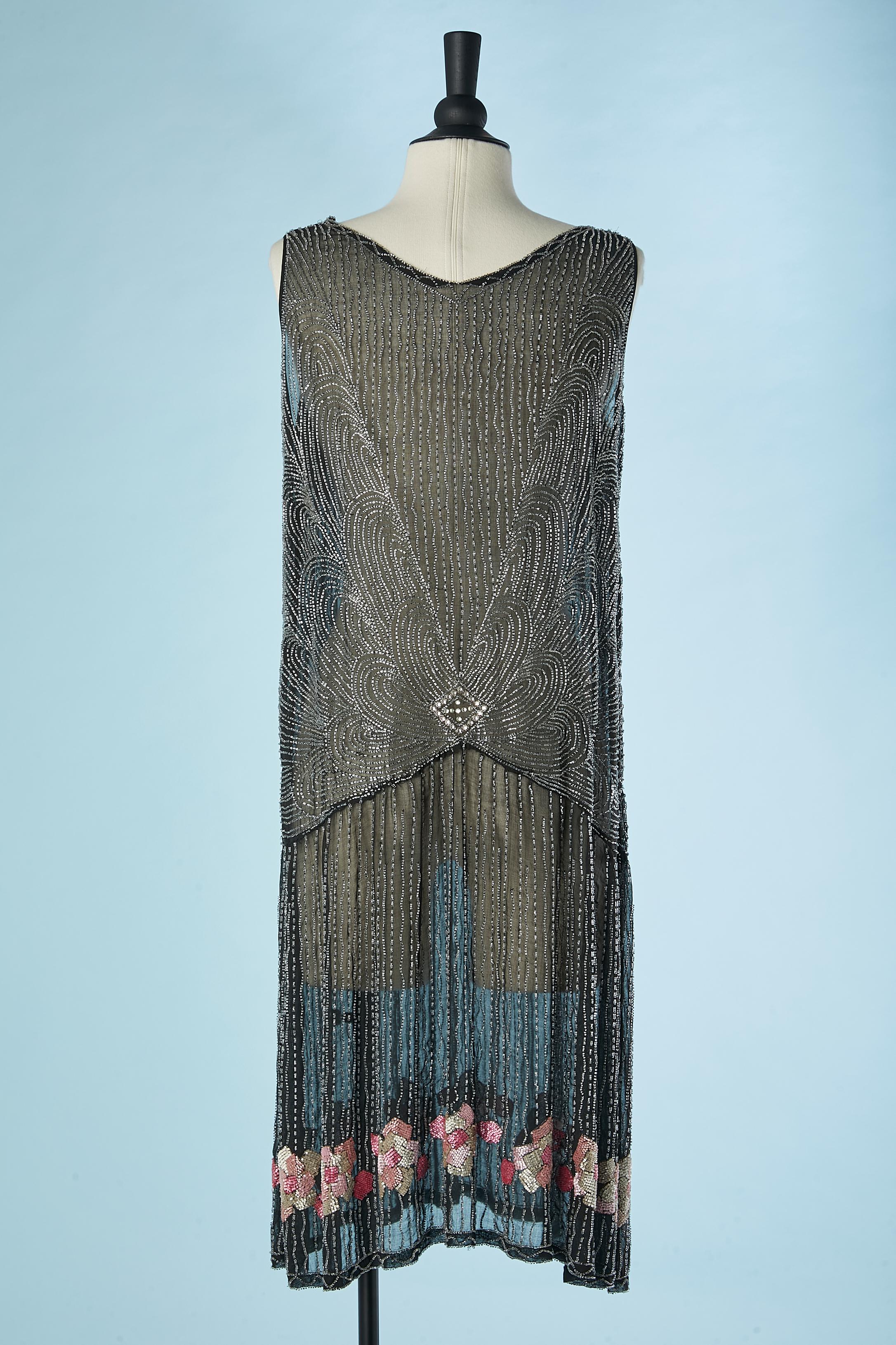 See-through full beaded dress with pink beaded flowers Circa 1925's  2