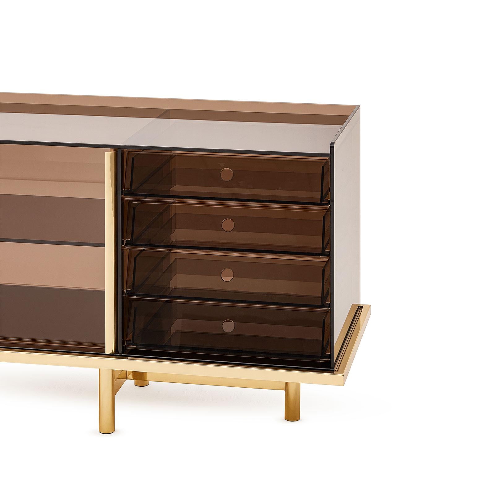 Modern See-Through Sideboard In Glass Structure And Brass Base For Sale
