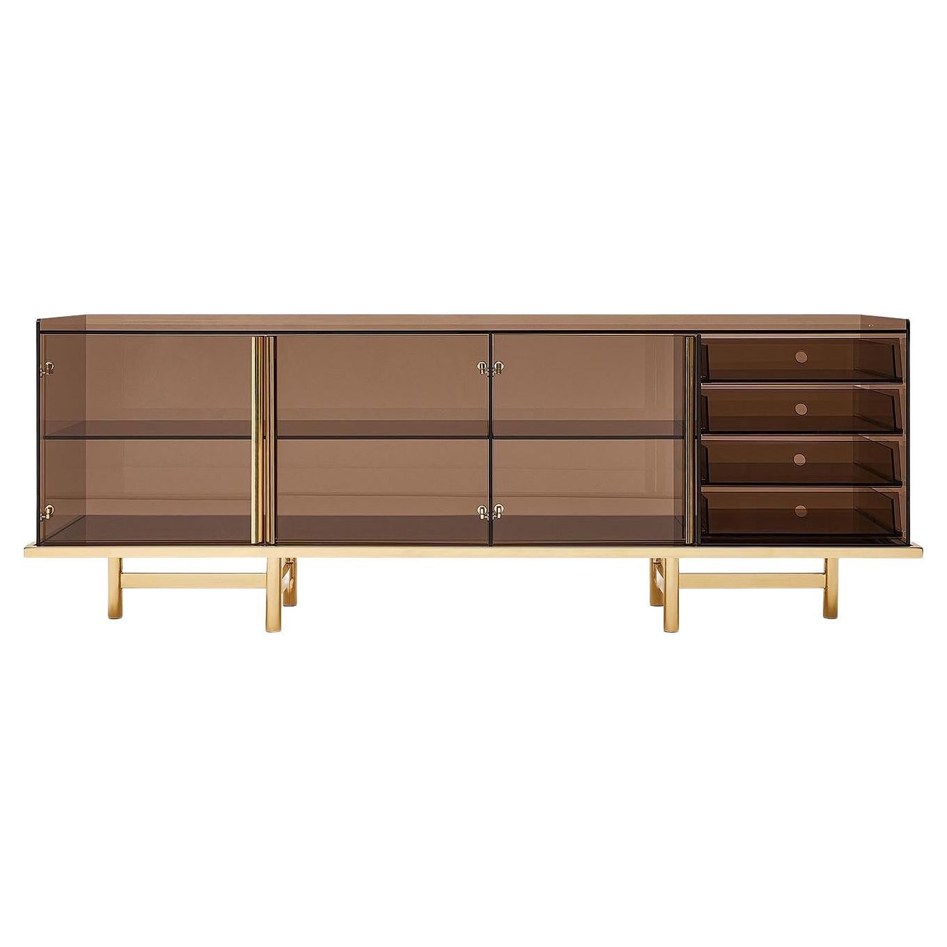 See-Through Sideboard In Glass Structure And Brass Base For Sale