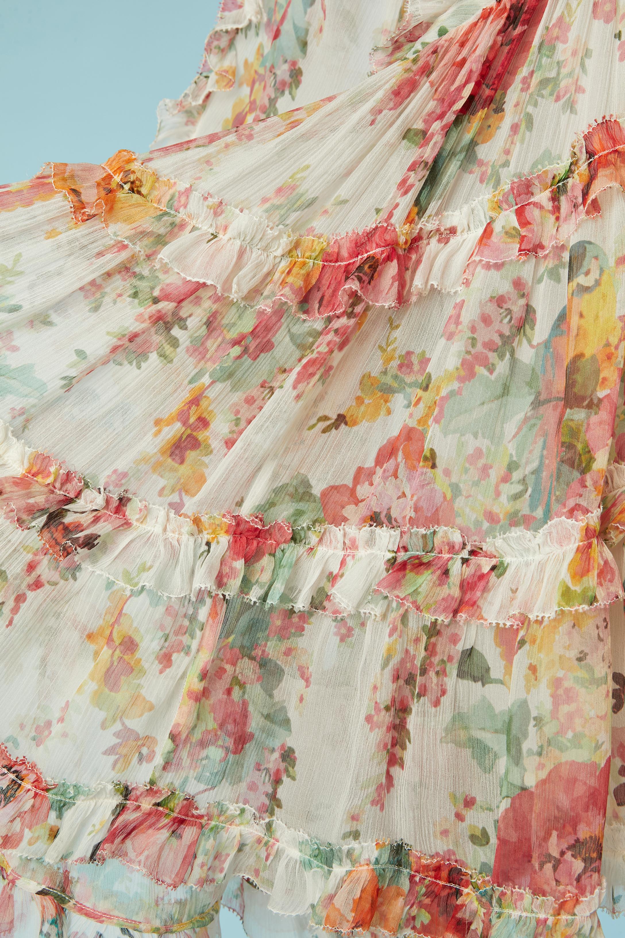 Durchsichtiges Cocktailkleid aus bedrucktem Seidenchiffon mit Rüschen ZIMMERMANN (Beige) im Angebot