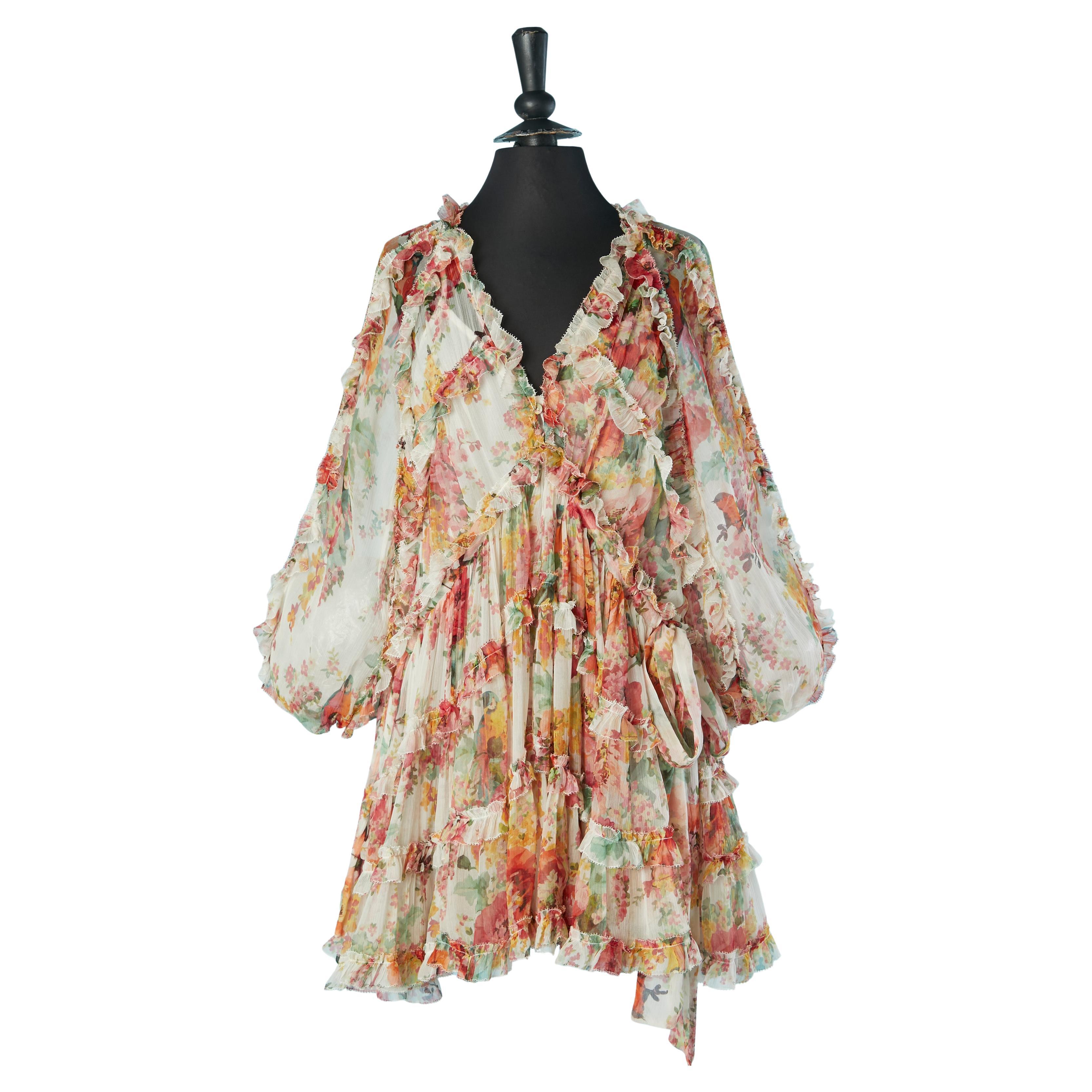 See-through silk chiffon printed cocktail dress with ruffles ZIMMERMANN