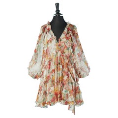 See-through silk chiffon printed cocktail dress with ruffles ZIMMERMANN