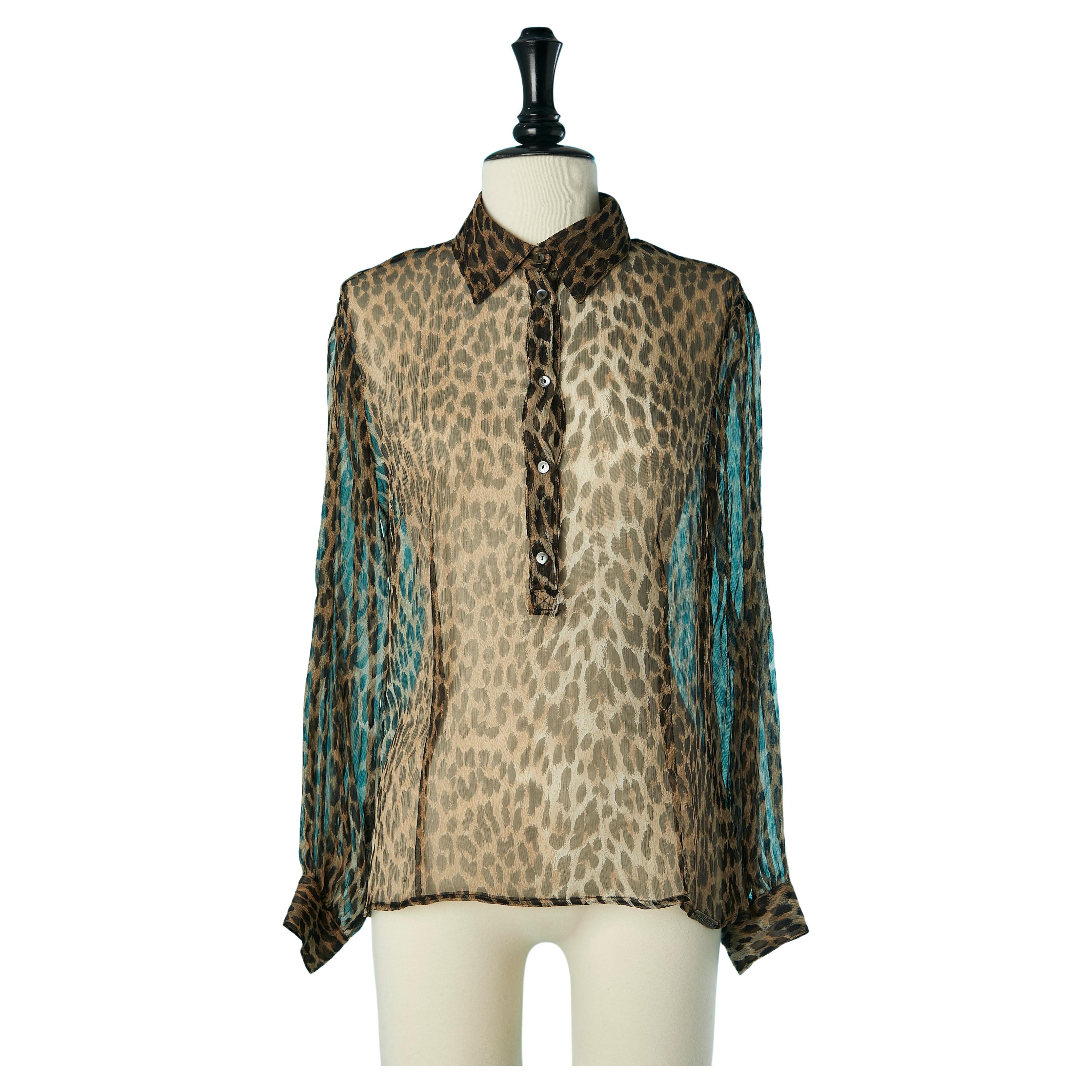 See-through silk chiffon shirt with leopard print Galliano  For Sale
