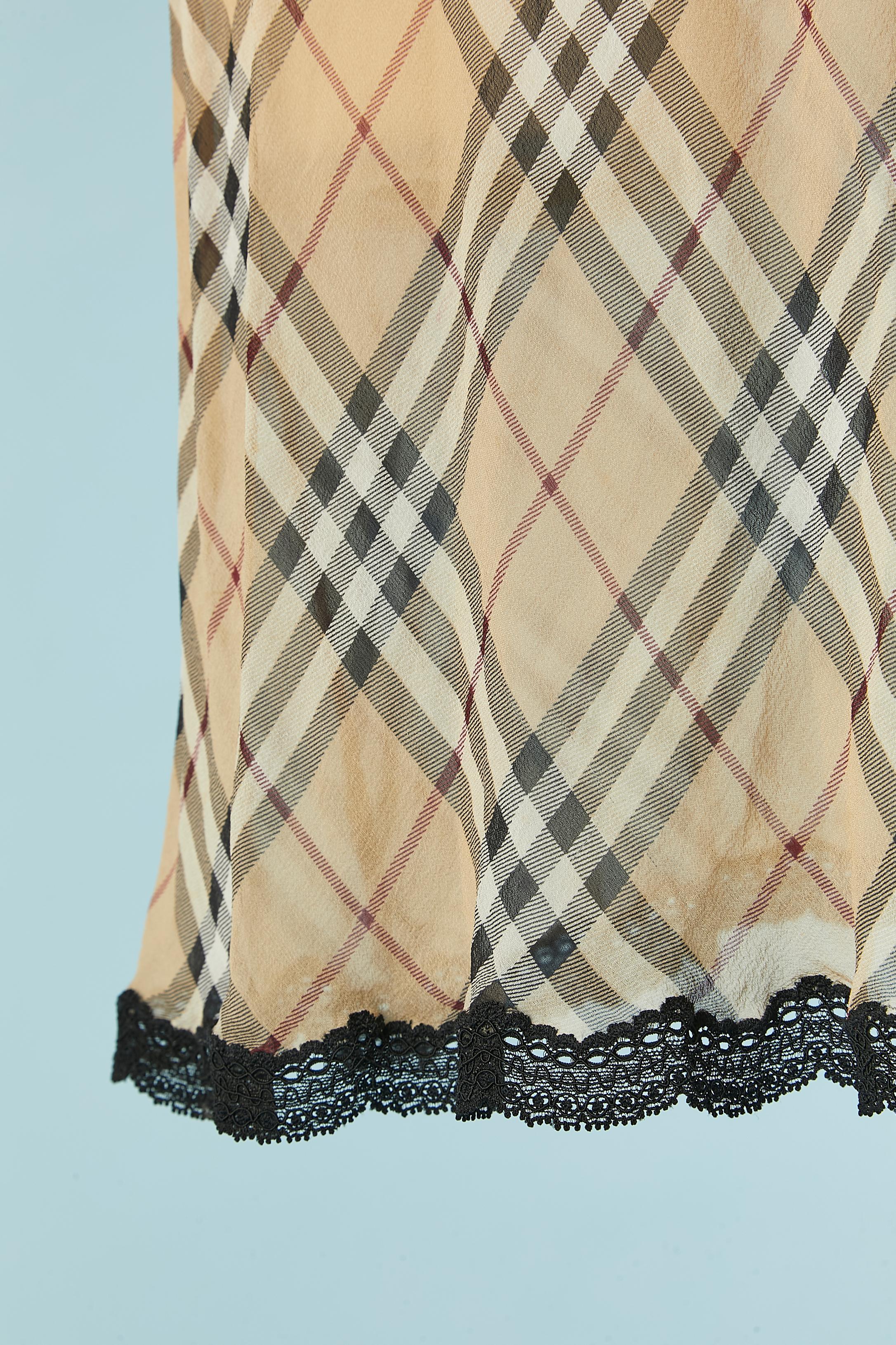 Beige See-through silk chiffon slip dress with Tartan print and lace  Burberry London