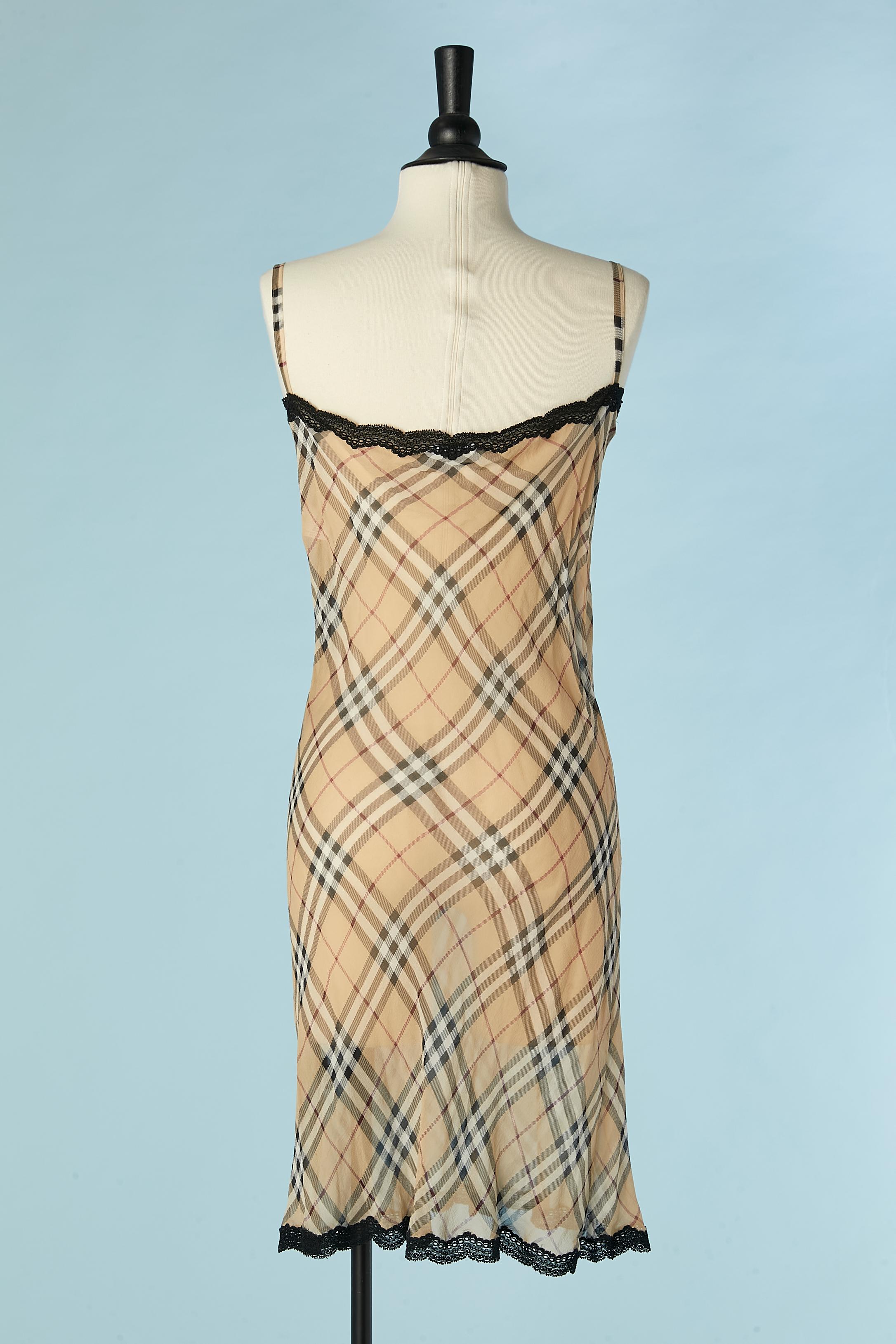 See-through silk chiffon slip dress with Tartan print and lace  Burberry London For Sale 1