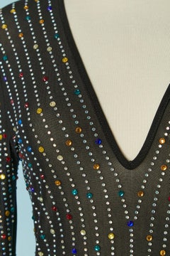 See-through stretch tulle bodysuit with multicolor rhinestone