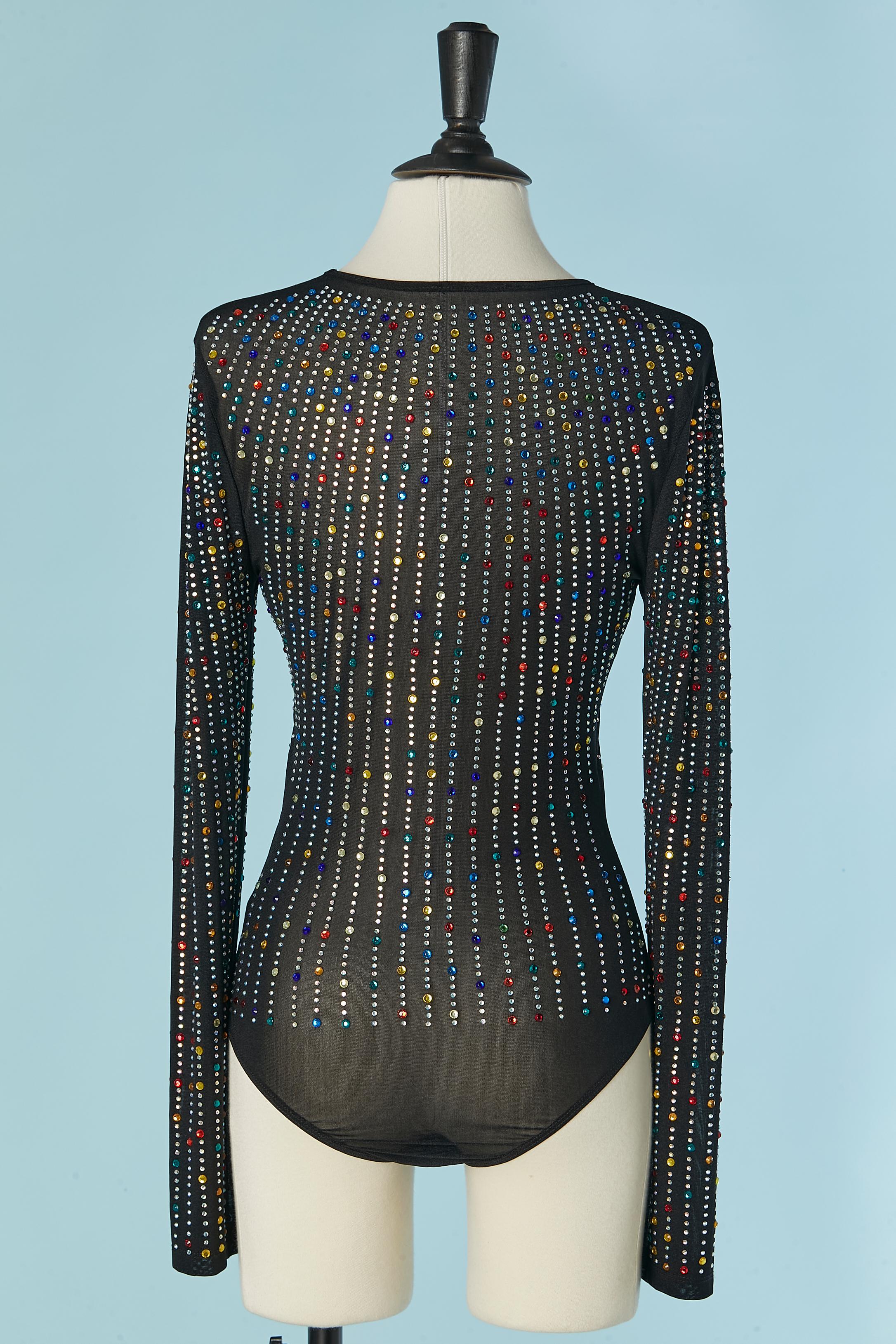Body trasparente in tulle elasticizzato con strass multicolore in vendita 1