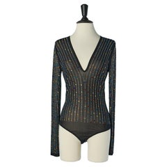 See-through stretch tulle bodysuit with multicolor rhinestone