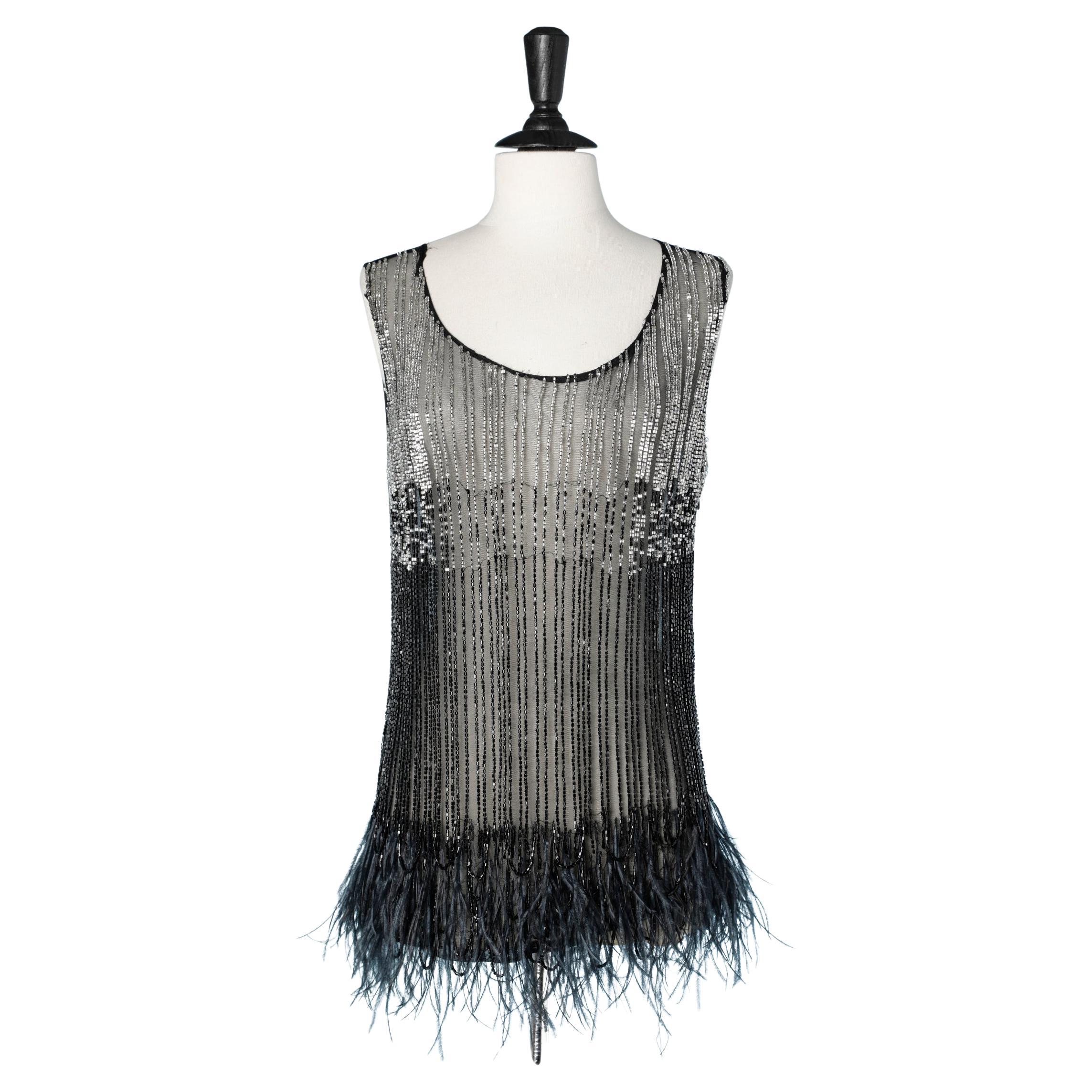 See-through tulle top with beads and feather embellishment For Sale