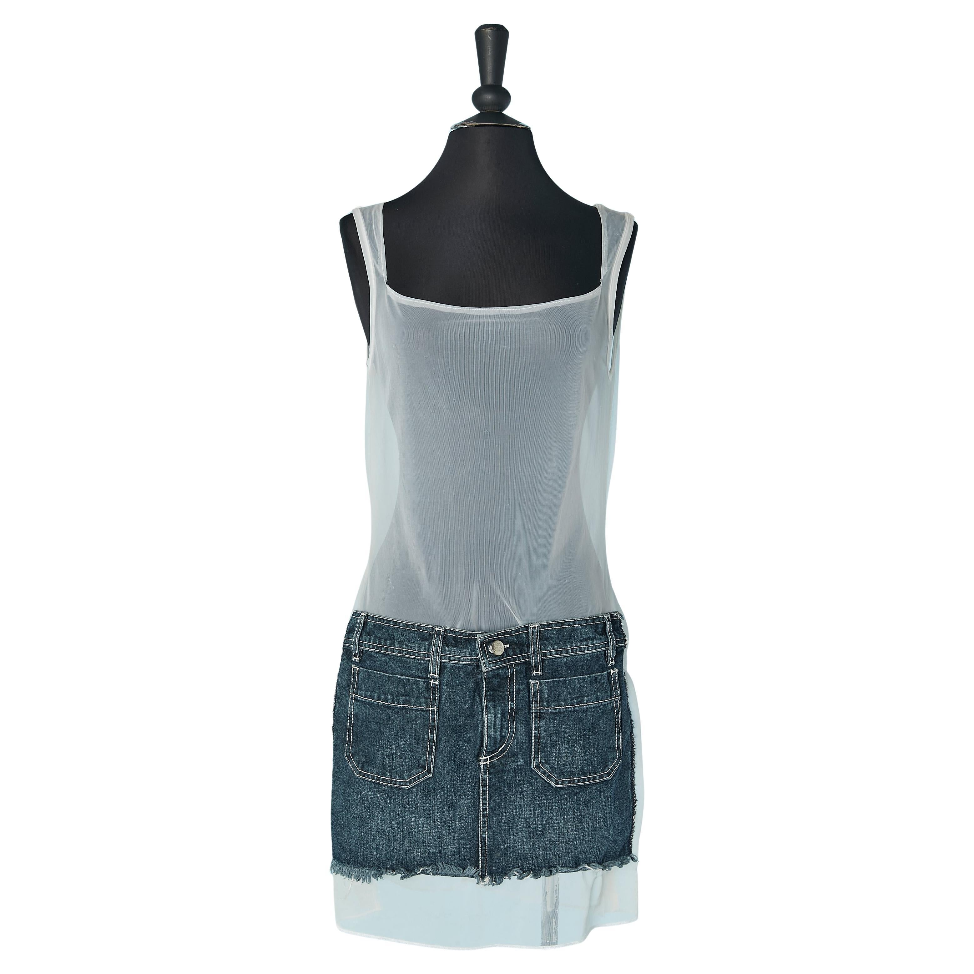 See-through wite tulle and denim sleeveless dress JEAN-PAUL GAULTIER JEAN'S For Sale