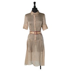 See trough silk printed chemise dress with belt FENDI