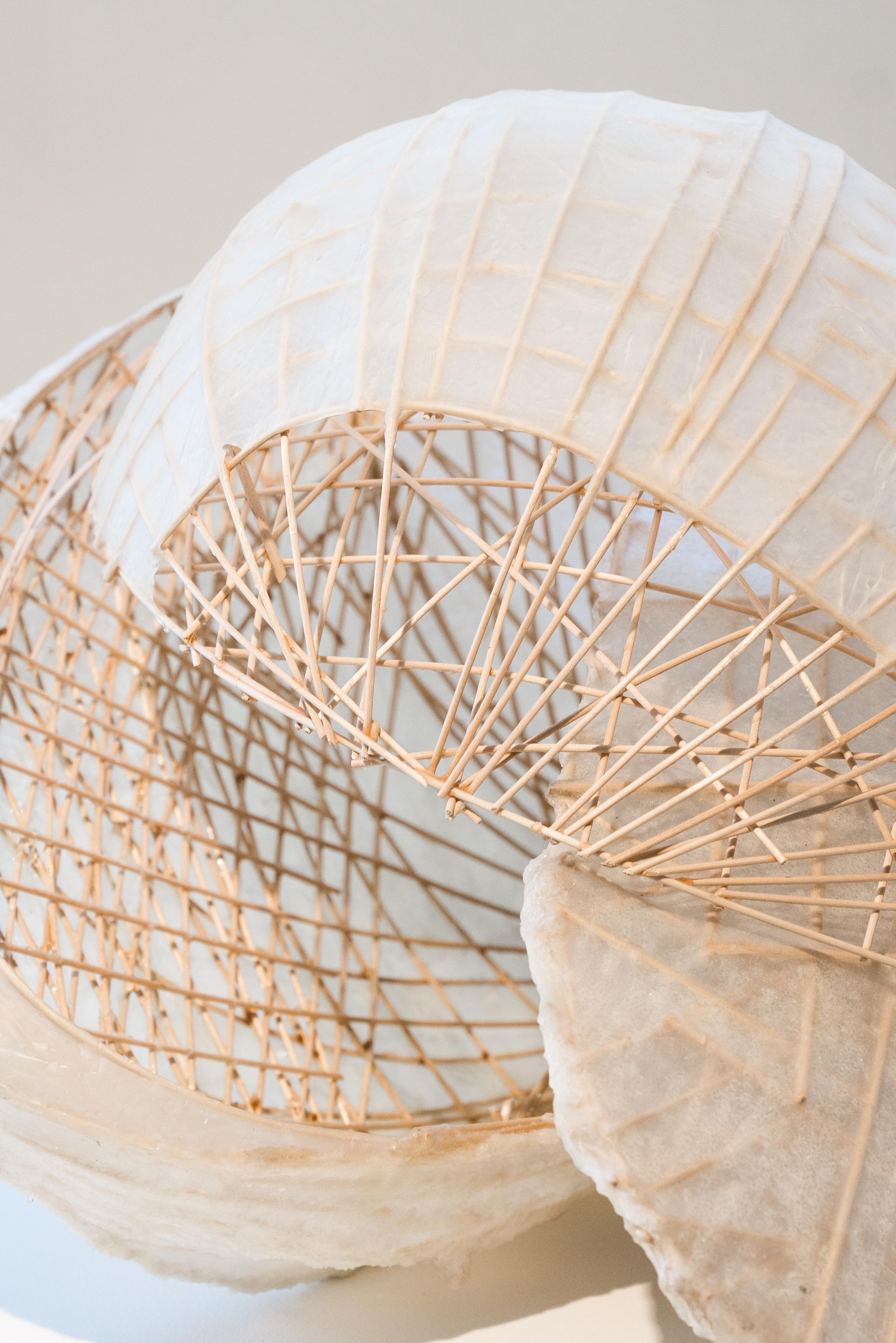 Originally used as a model for a visionary Concert Hall, the sculpture relies on the tension of curved birch dowels and skinned with artificial membrane. Void of blueprint or numbers, Talasnik builds relying on organic growth with one section built