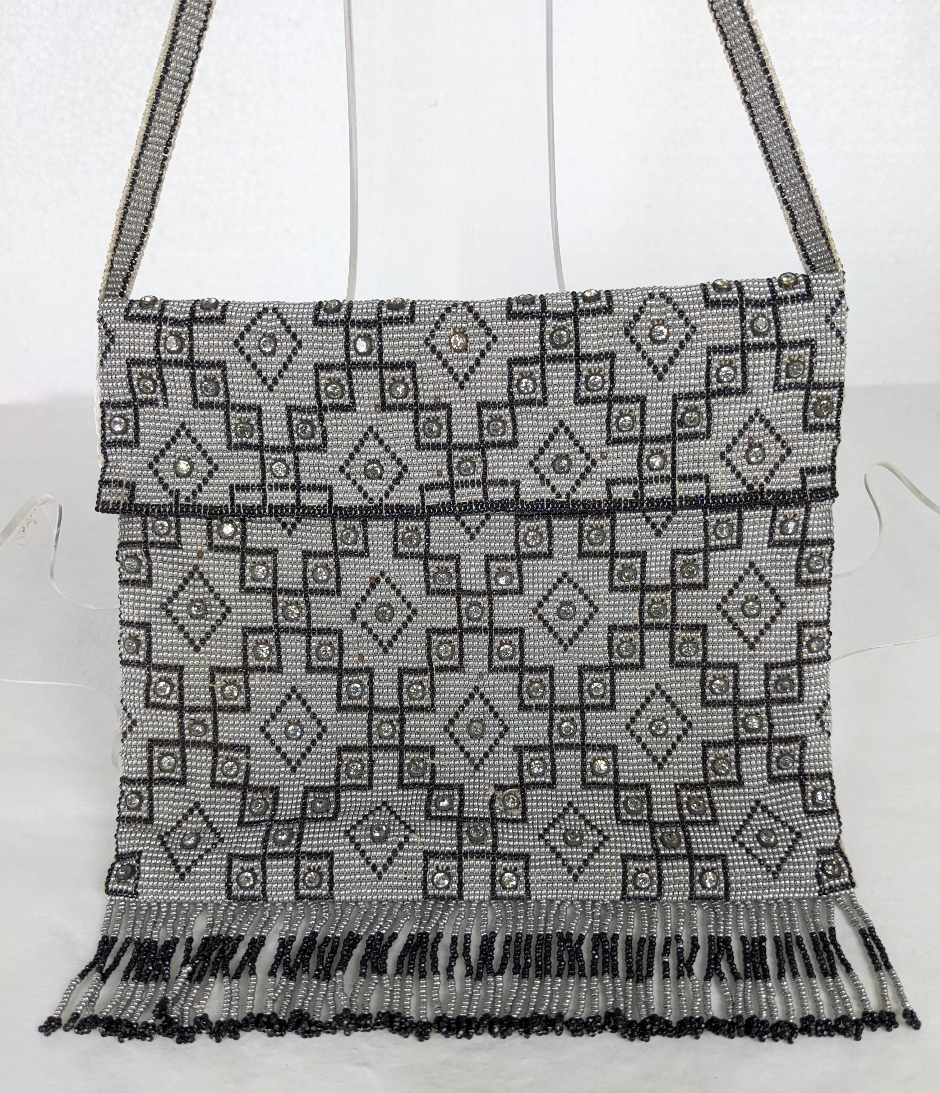 Gray Seed Bead Art Deco Patterned Bag with Crystals For Sale