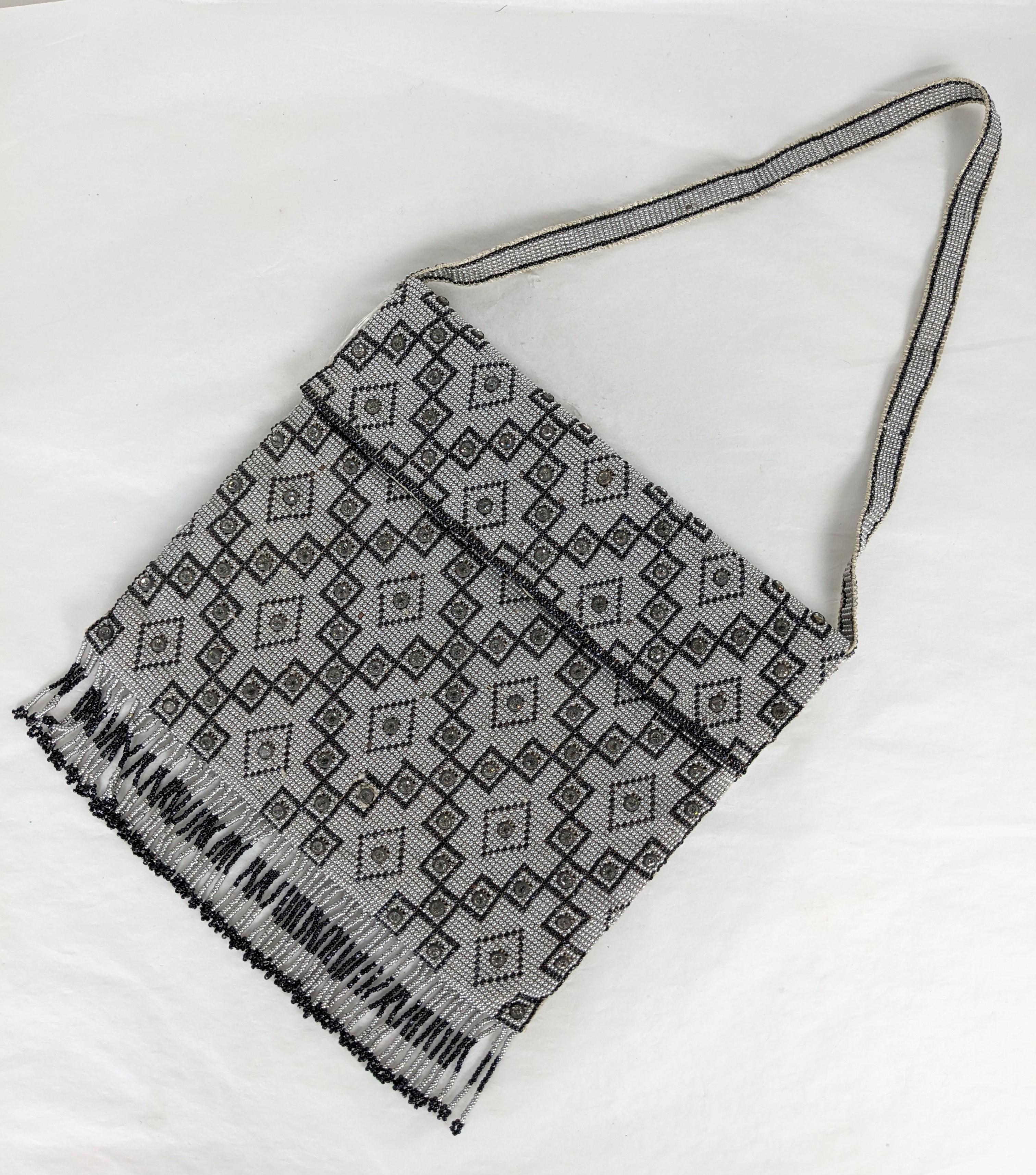 Seed Bead Art Deco Patterned Bag with Crystals In Good Condition For Sale In New York, NY