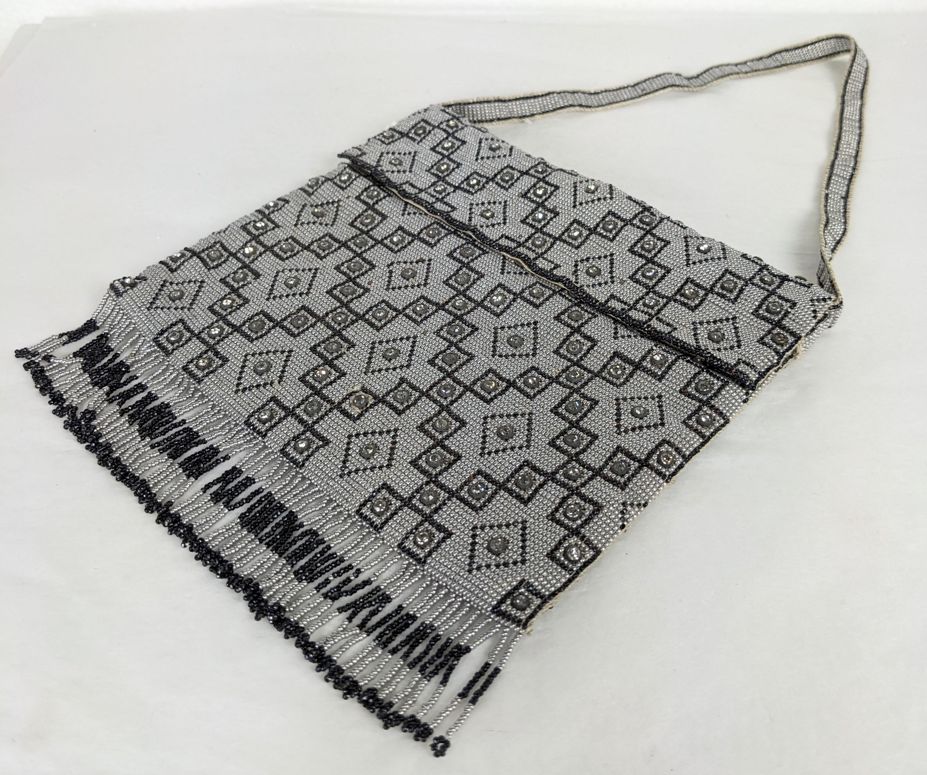 Women's or Men's Seed Bead Art Deco Patterned Bag with Crystals For Sale