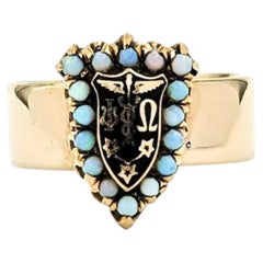 Seed Opal Psi Omega Shield Ring in 14k Yellow Gold