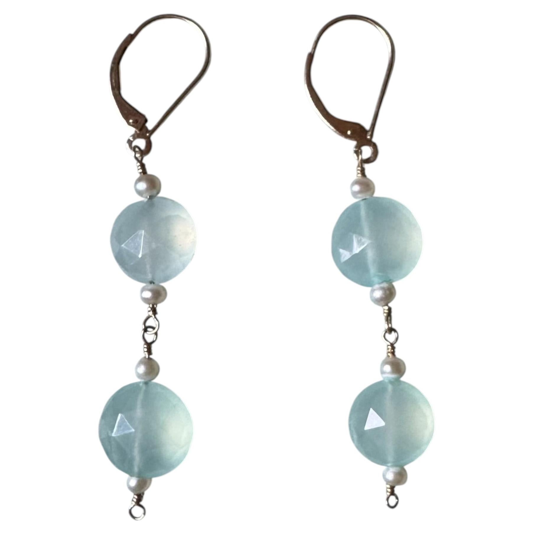 Seed Pearl and Chalcedony 18k Gold Dangle Earrings For Sale