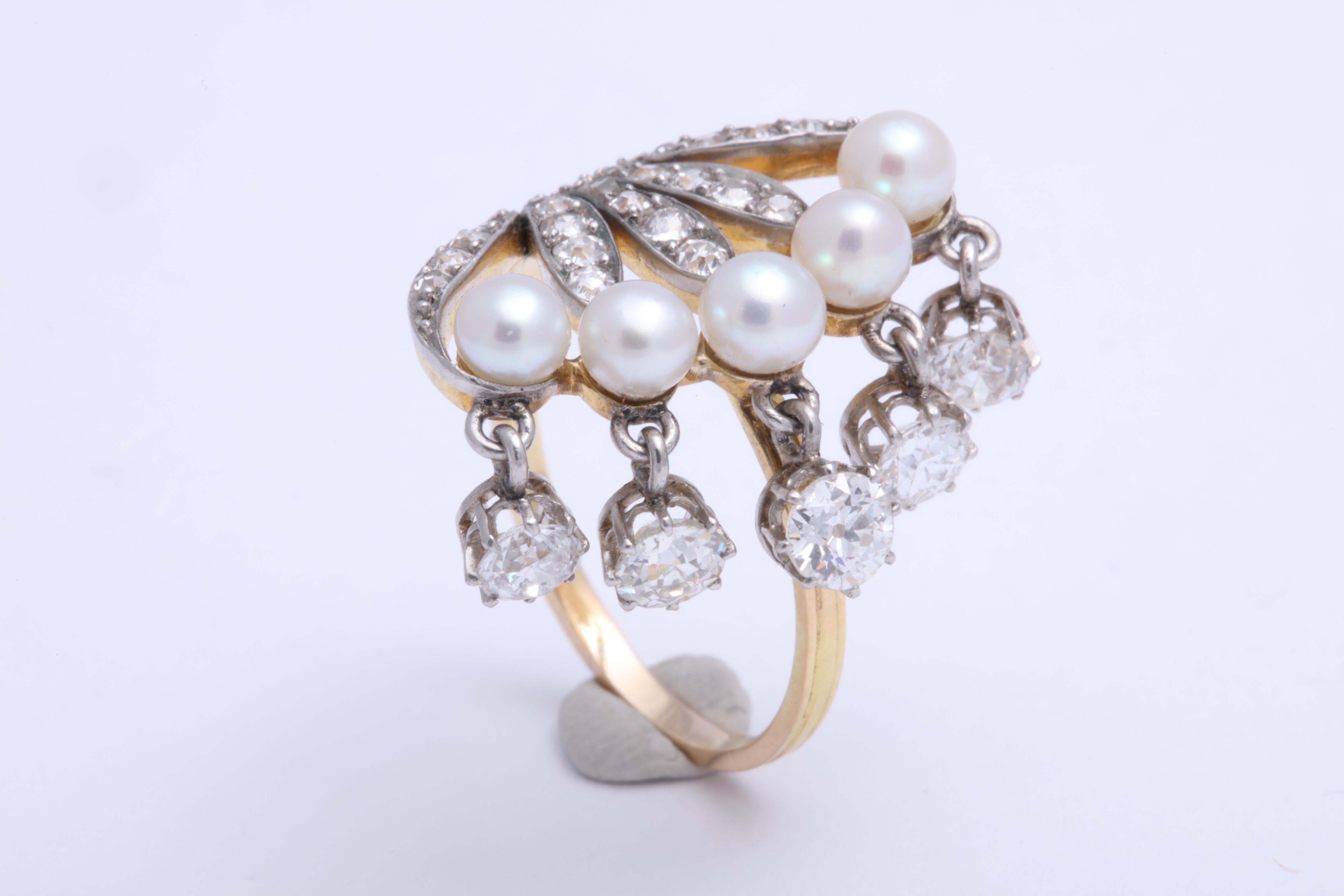 Seed Pearl and Diamond Dangle Ring (Edwardian) im Angebot