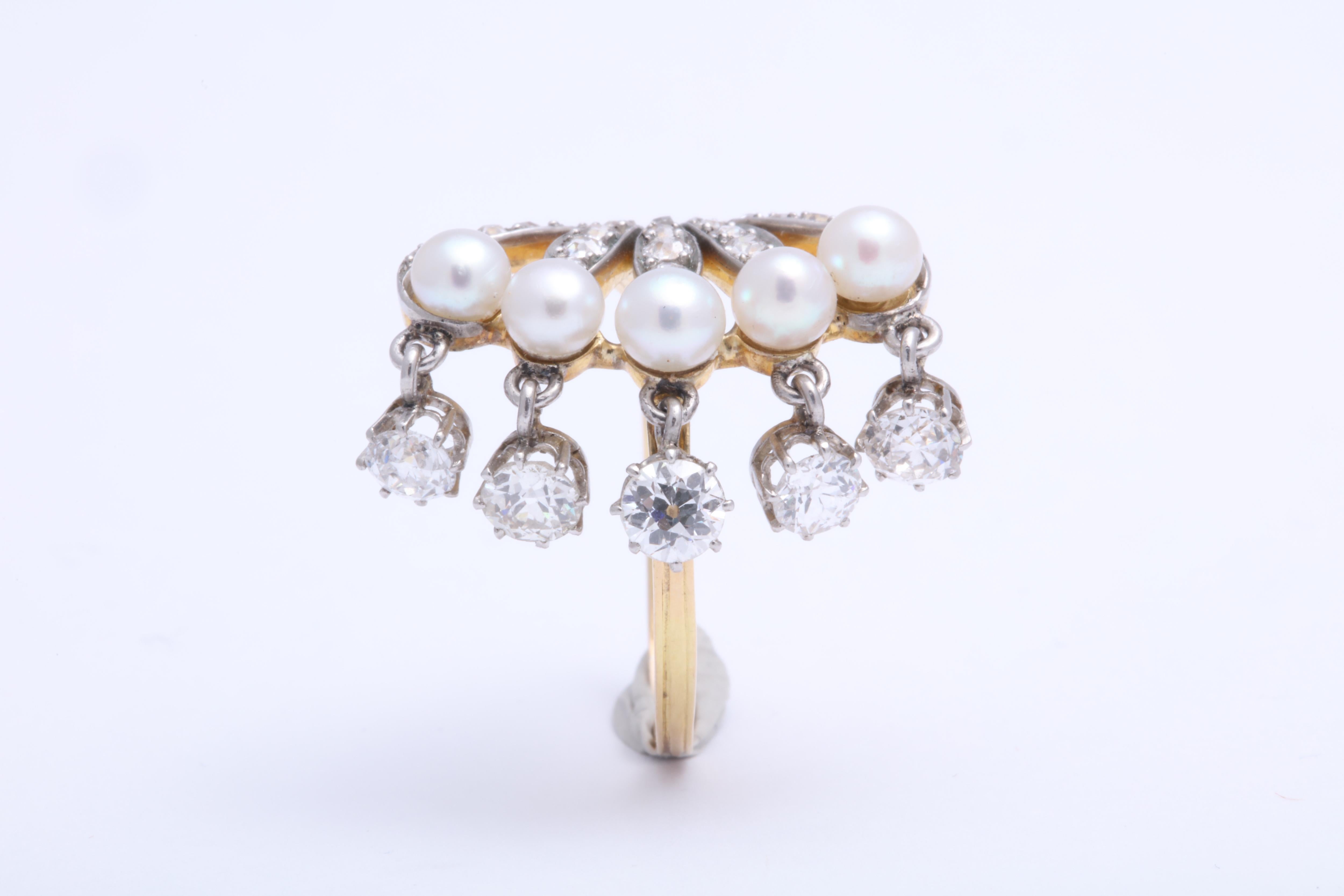Seed Pearl and Diamond Dangle Ring im Zustand „Hervorragend“ im Angebot in New York, NY