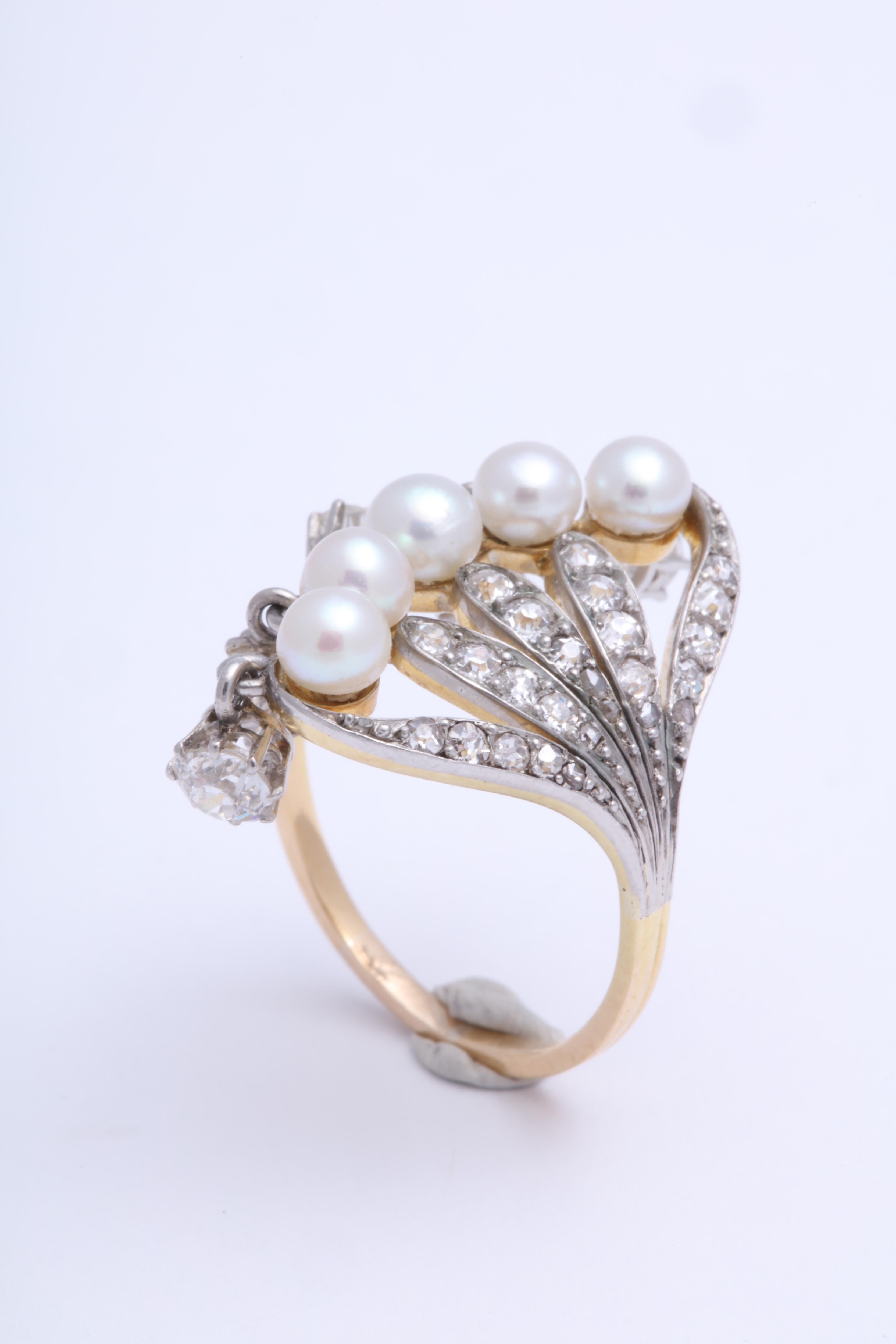 Edwardian Seed Pearl and Diamond Dangle Ring For Sale