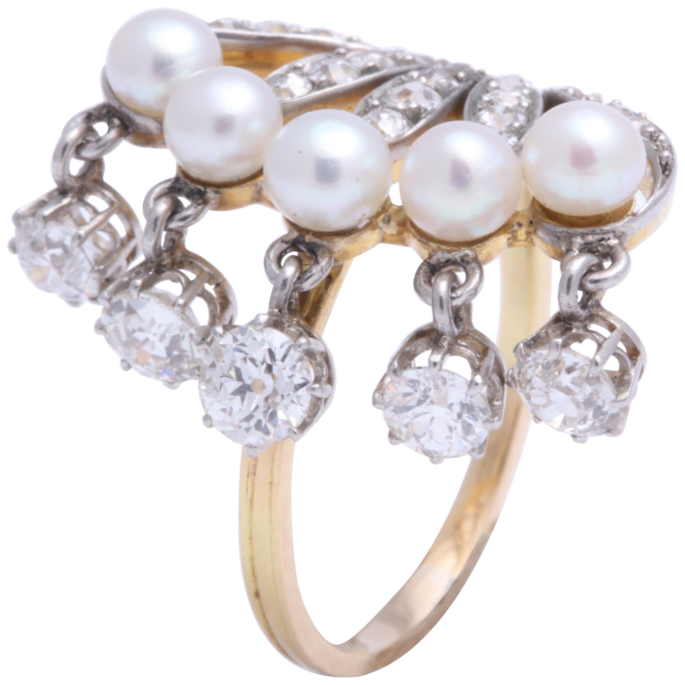 Seed Pearl and Diamond Dangle Ring For Sale