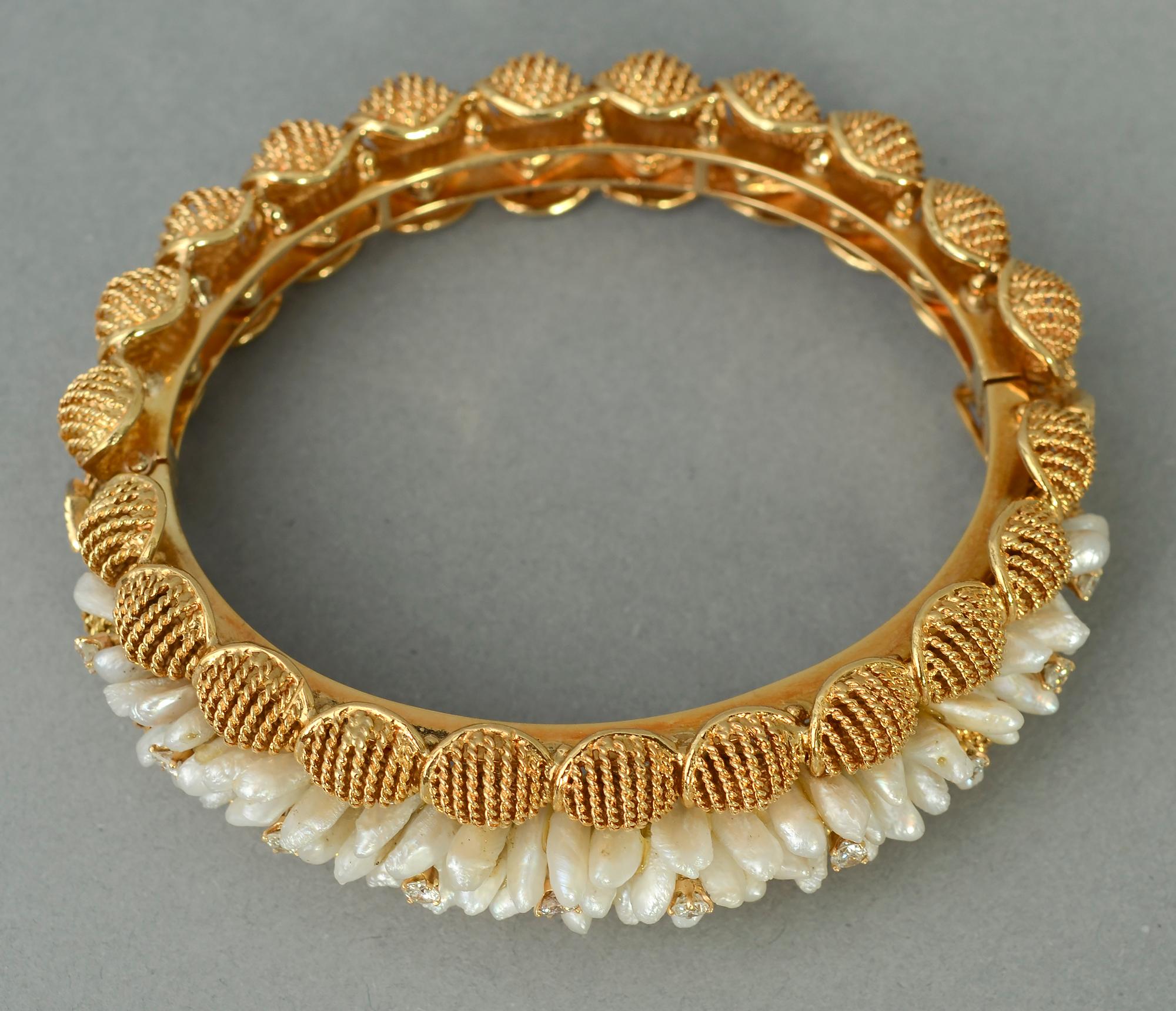 Modern Seed Pearl and Diamonds Gold Bangle Bracelet