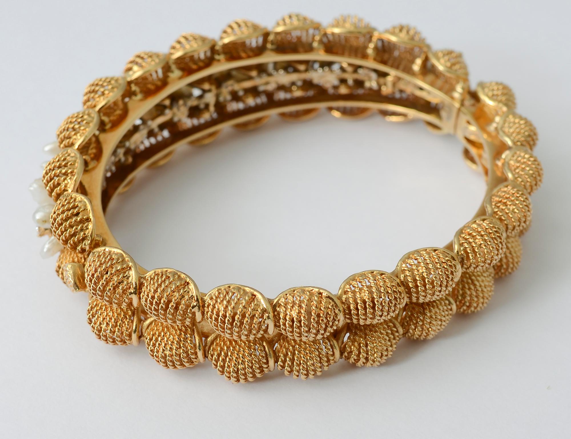 Brilliant Cut Seed Pearl and Diamonds Gold Bangle Bracelet For Sale
