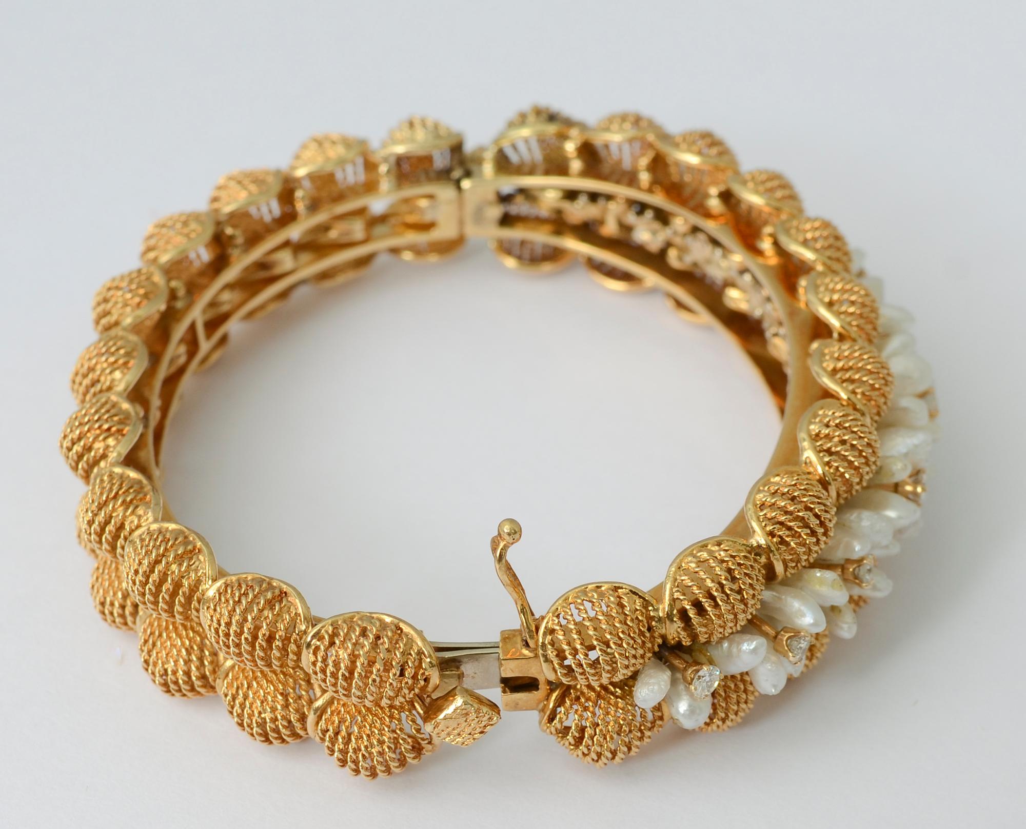 Seed Pearl and Diamonds Gold Bangle Bracelet In Excellent Condition For Sale In Darnestown, MD