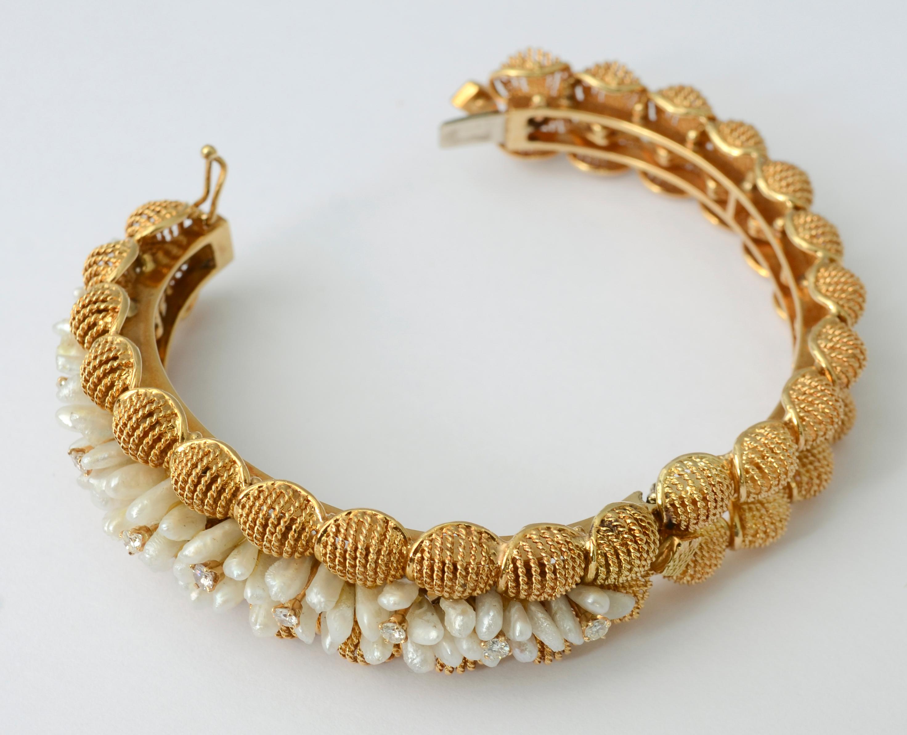 Women's Seed Pearl and Diamonds Gold Bangle Bracelet For Sale