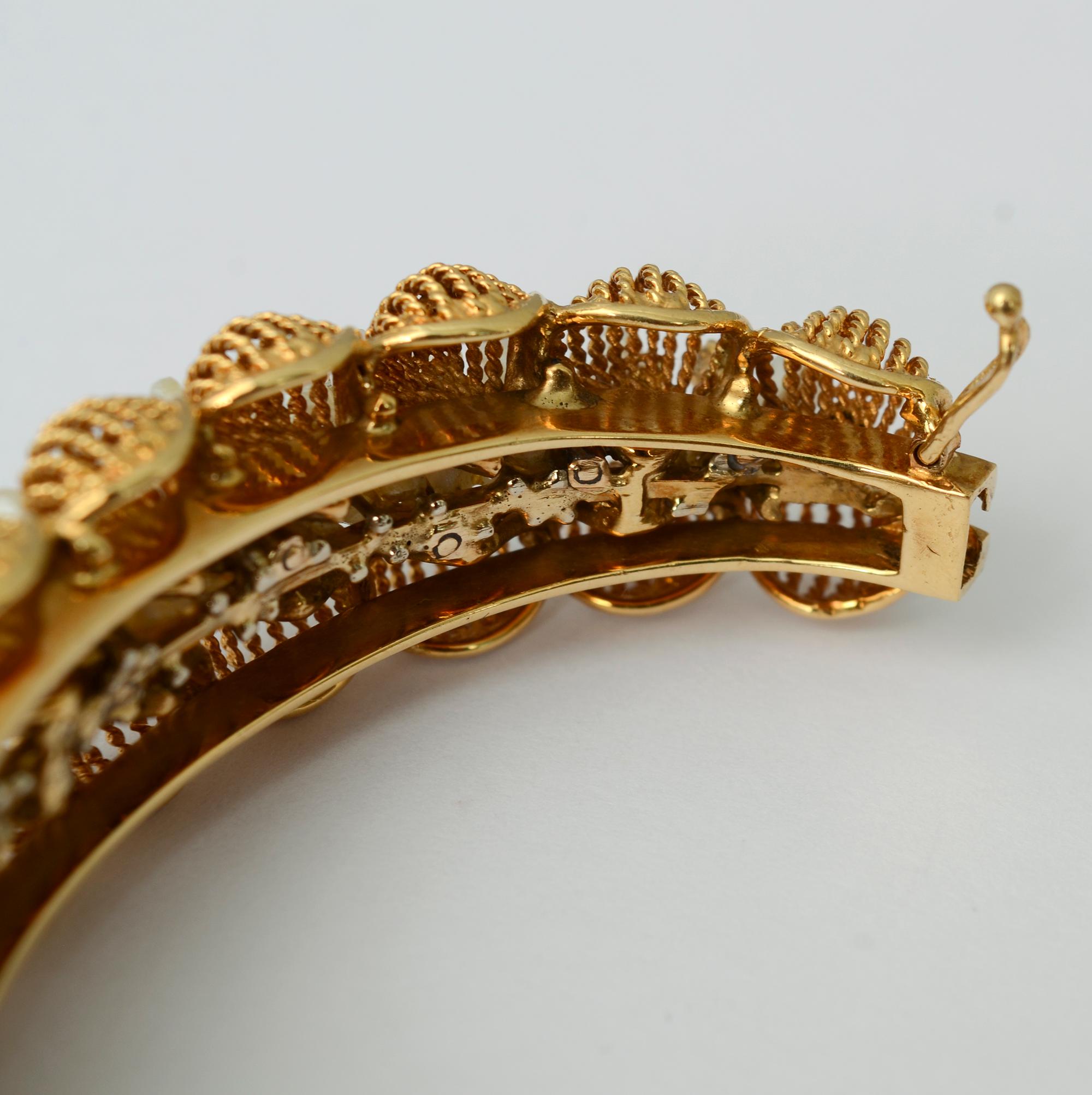 Seed Pearl and Diamonds Gold Bangle Bracelet For Sale 1