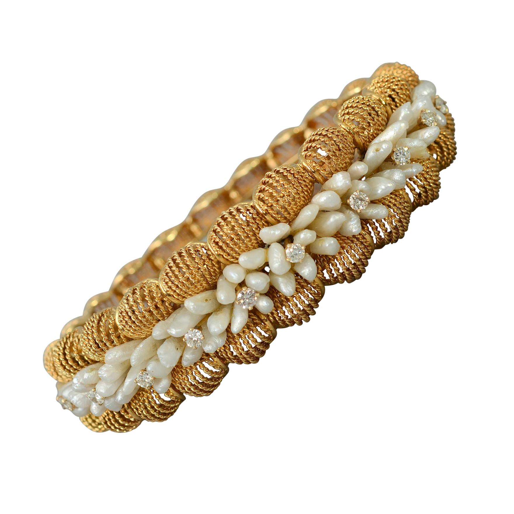 Seed Pearl and Diamonds Gold Bangle Bracelet